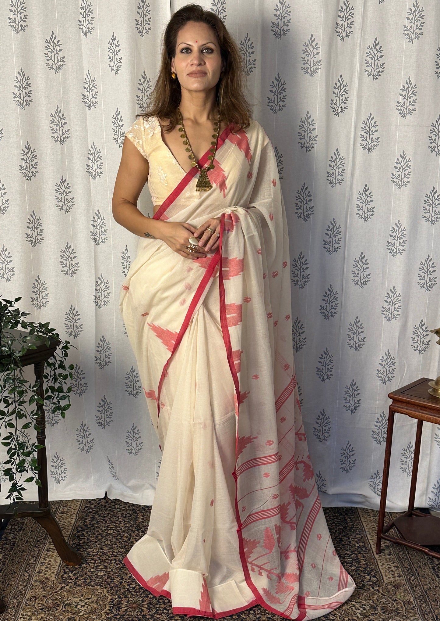 Cream Jamdani Sari with Red Intricate Needle Work & Border