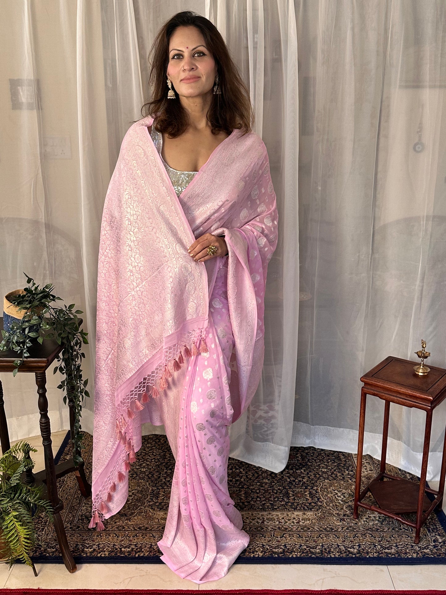 Pink Pure Banarasi Khaddi Georgette Sari with Silver Zari