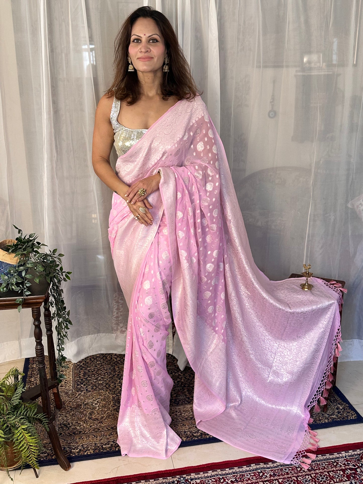 Pink Pure Banarasi Khaddi Georgette Sari with Silver Zari