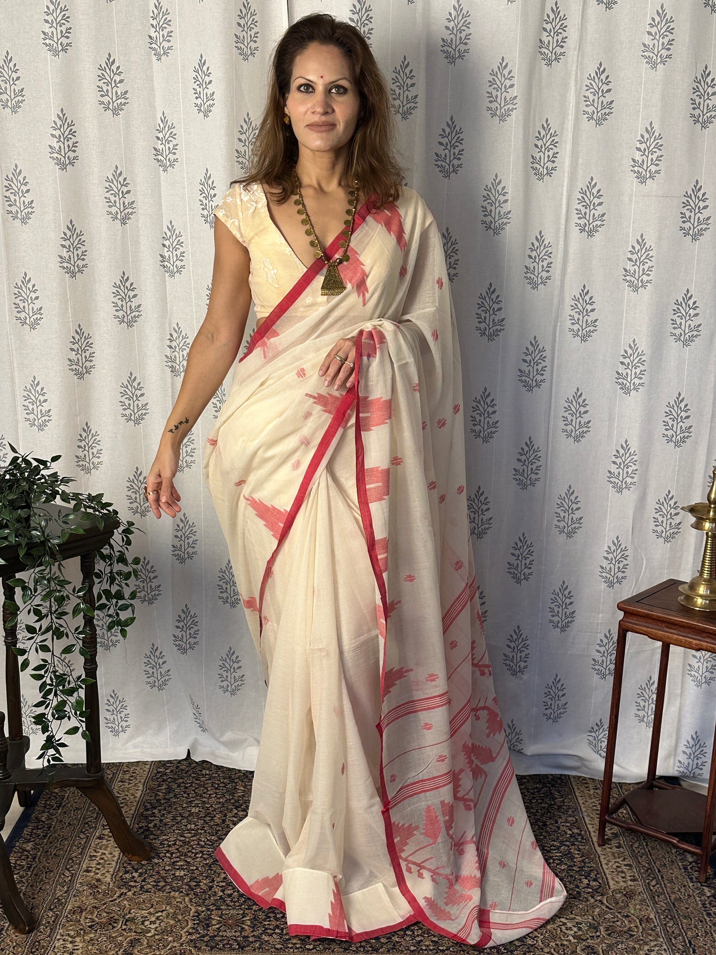 Cream Jamdani Sari with Red Intricate Needle Work & Border