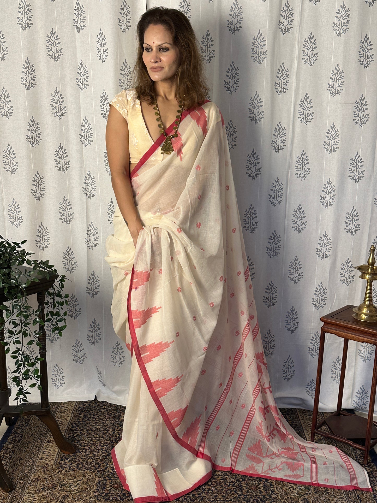 Cream Jamdani Sari with Red Intricate Needle Work & Border