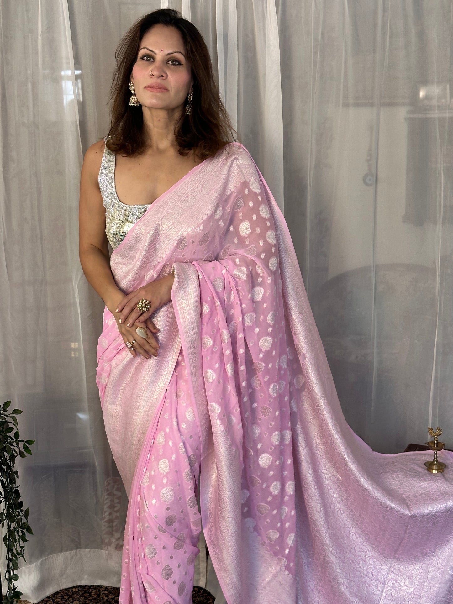 Pink Pure Banarasi Khaddi Georgette Sari with Silver Zari