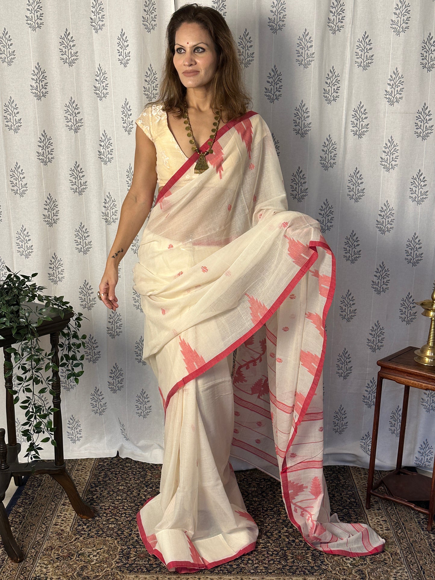 Cream Jamdani Sari with Red Intricate Needle Work & Border