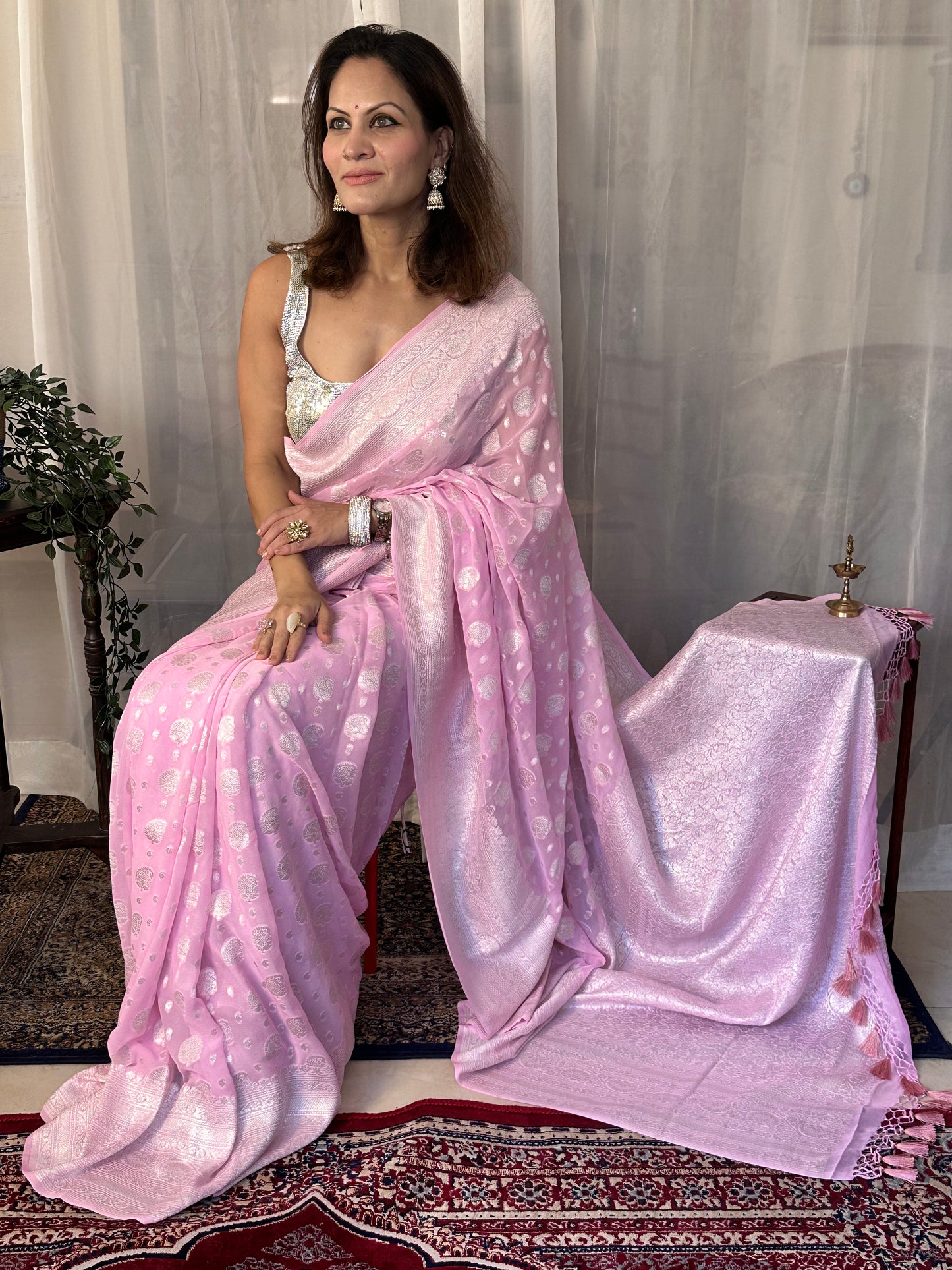 Pink Pure Banarasi Khaddi Georgette Sari with Silver Zari