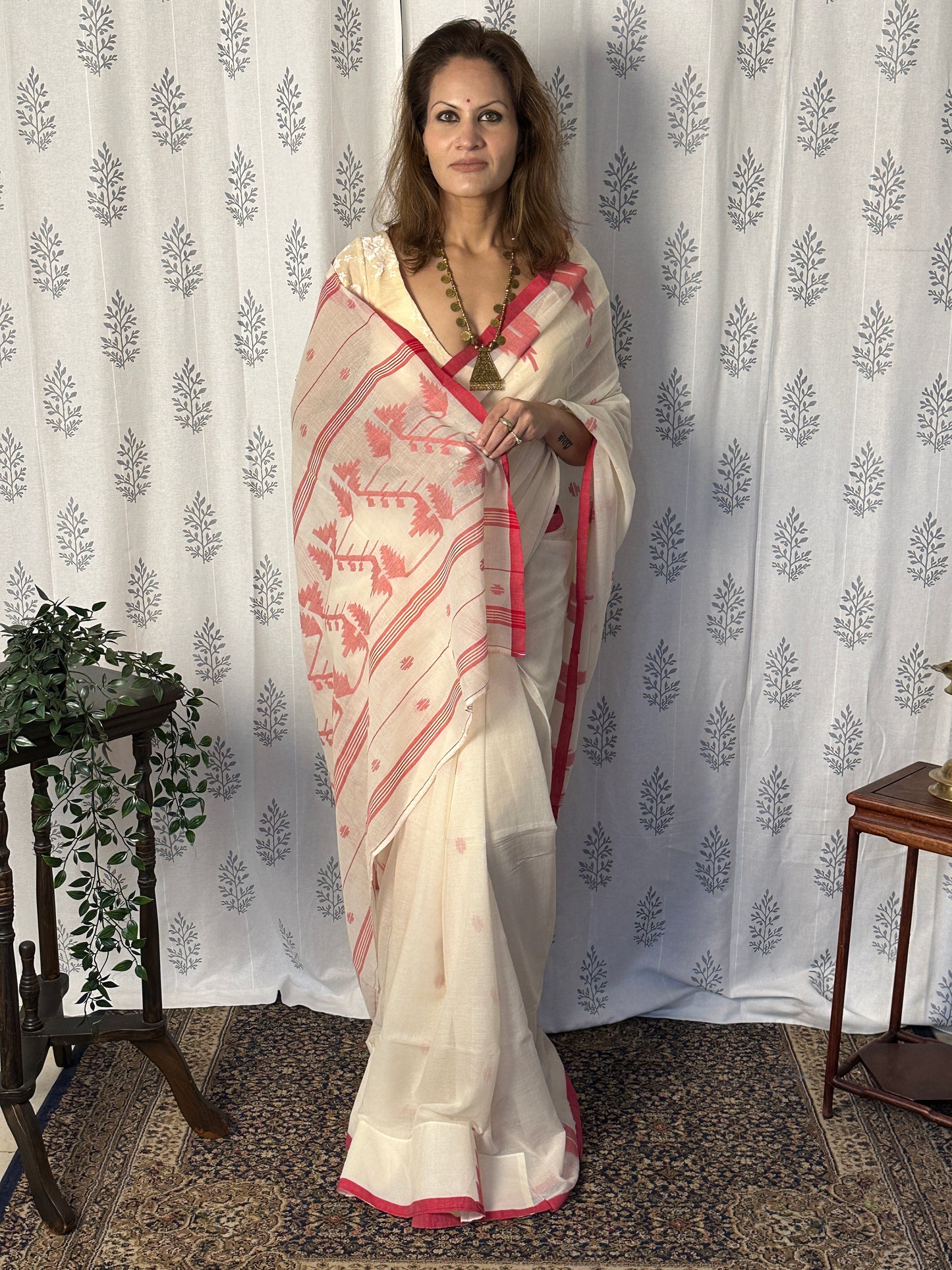 Cream Jamdani Sari with Red Intricate Needle Work & Border