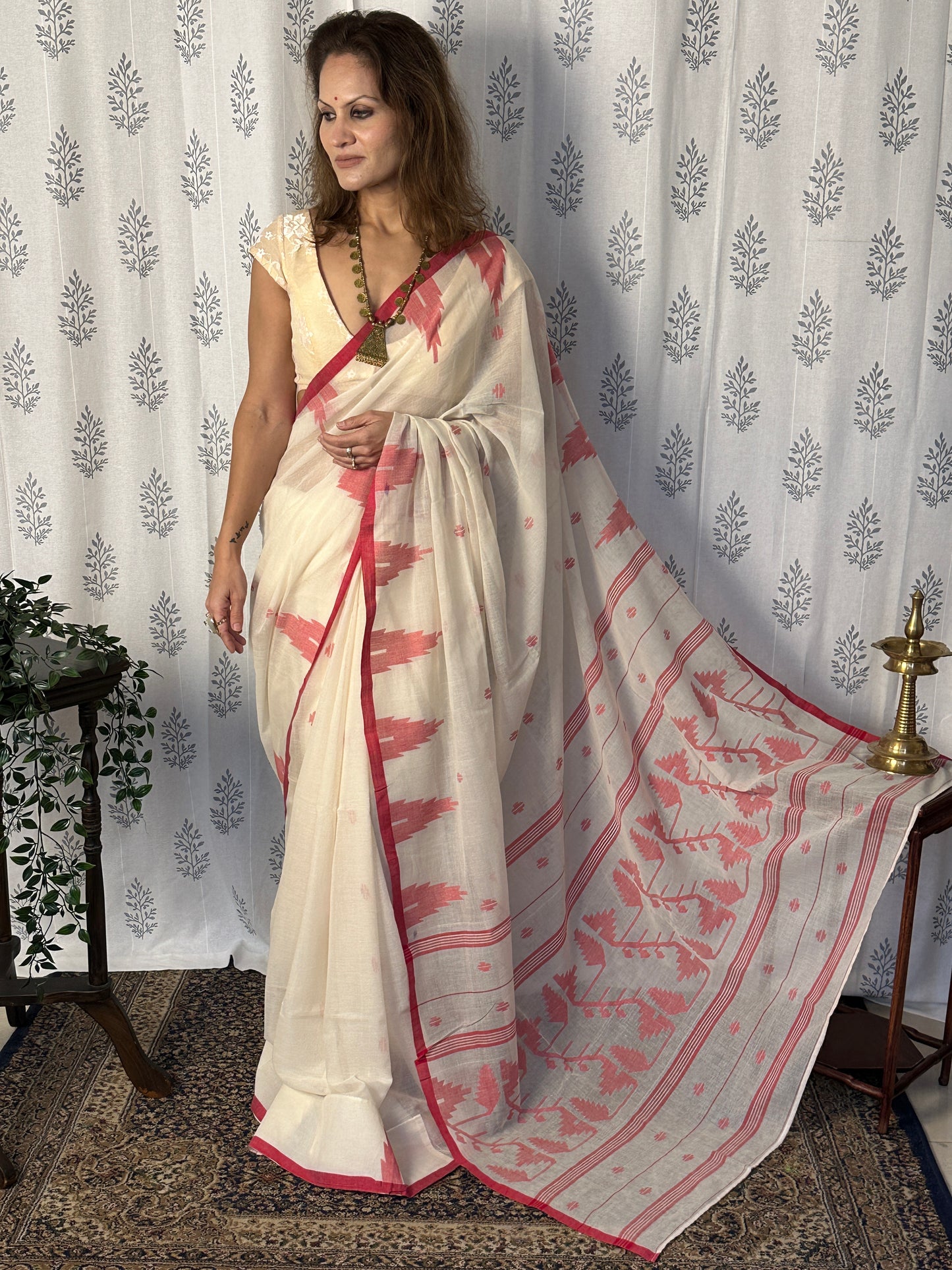 Cream Jamdani Sari with Red Intricate Needle Work & Border