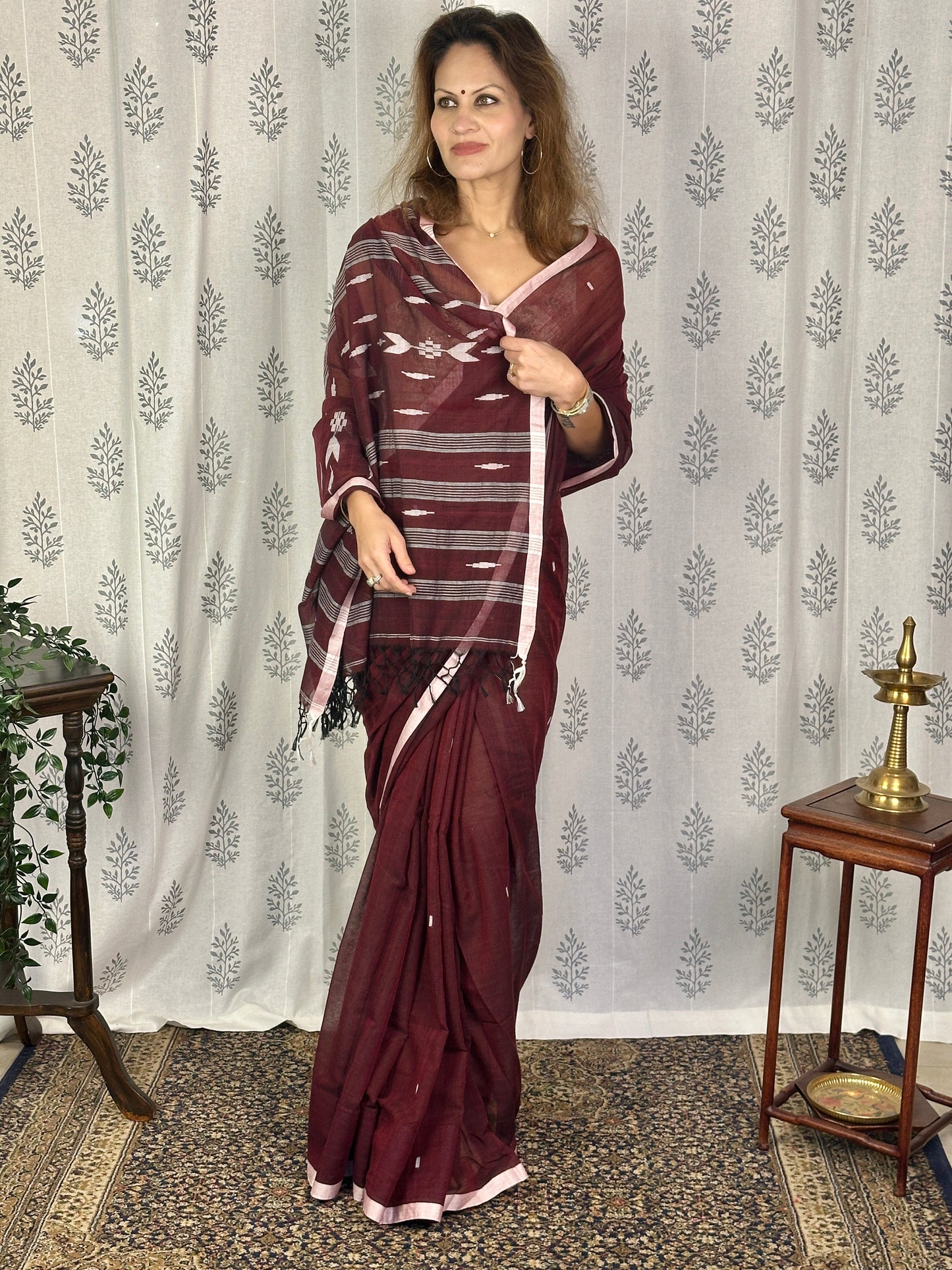 Maroon Pure Cotton Jamdani Sari with White Border