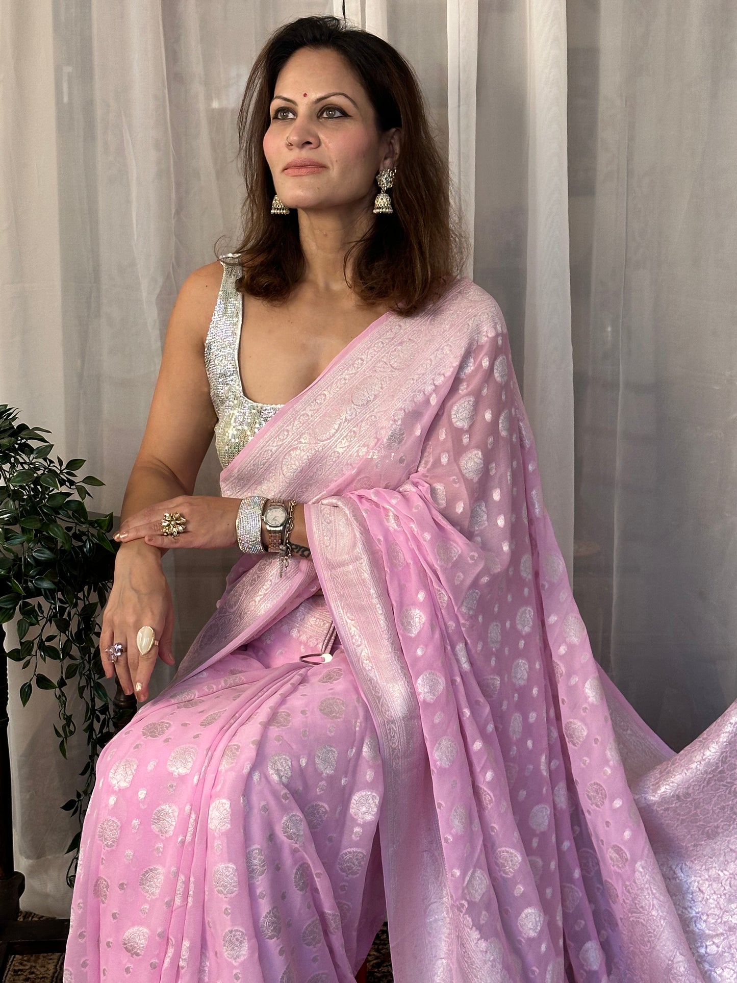 Pink Pure Banarasi Khaddi Georgette Sari with Silver Zari