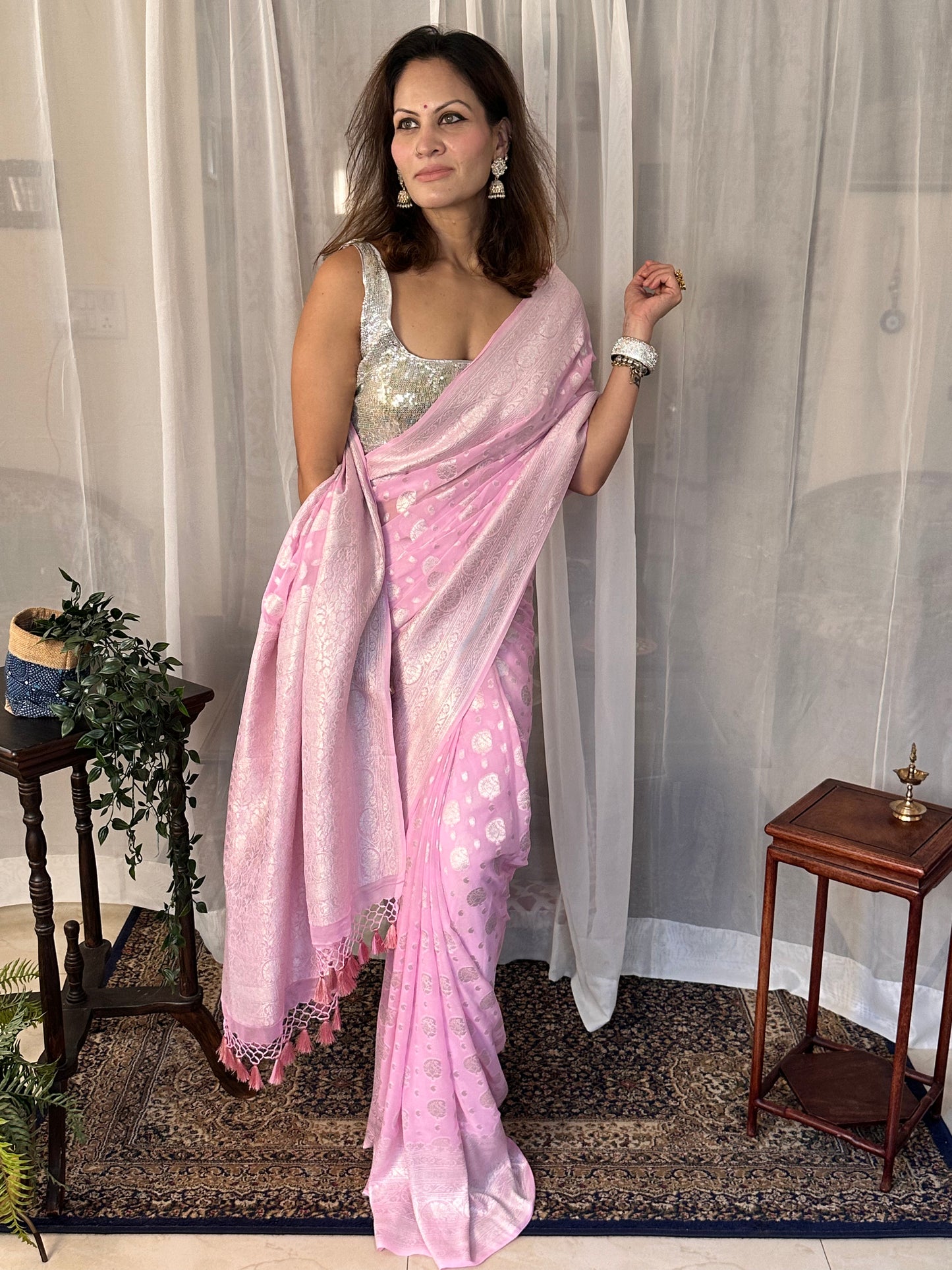 Pink Pure Banarasi Khaddi Georgette Sari with Silver Zari