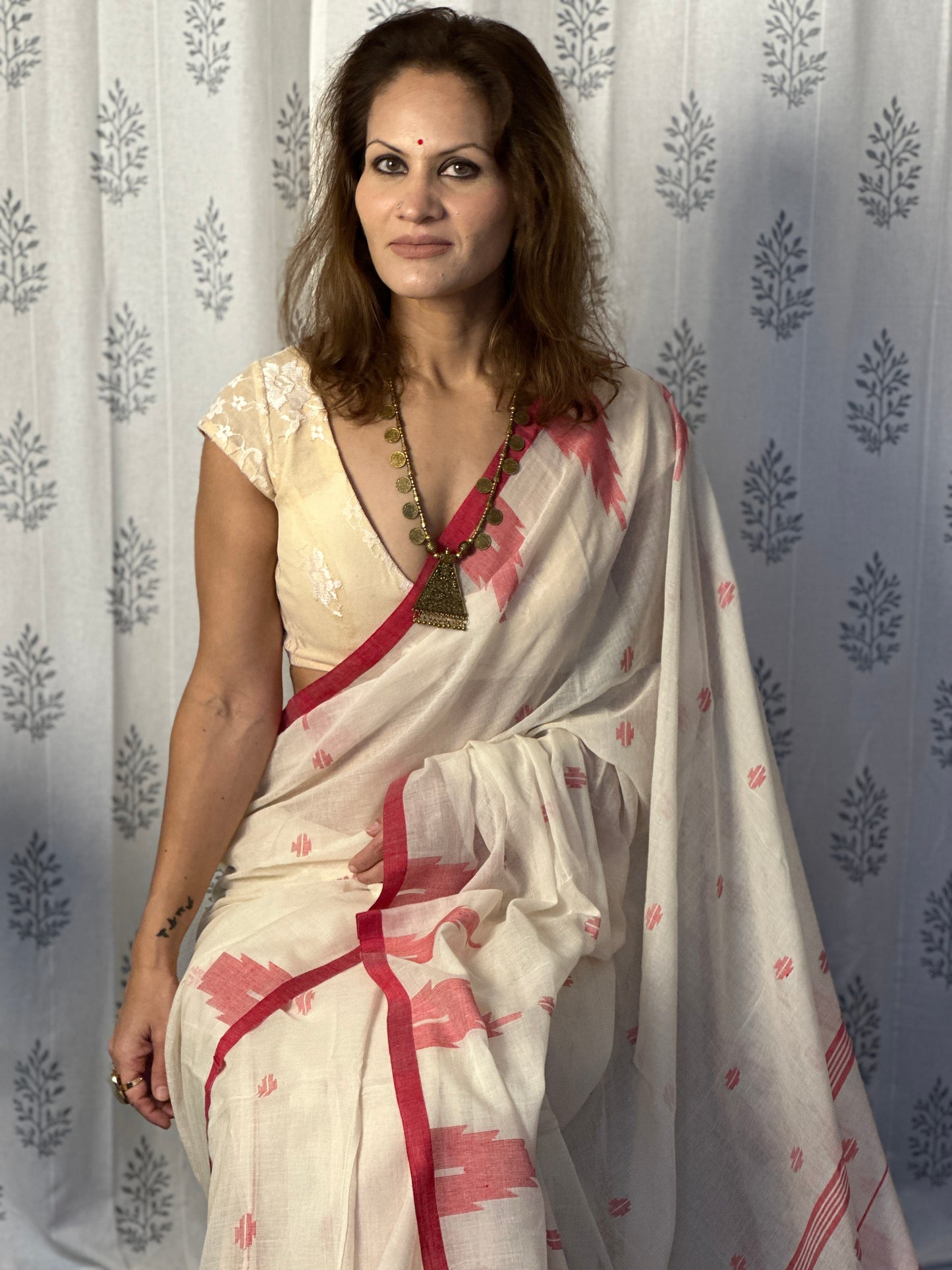 Cream Jamdani Sari with Red Intricate Needle Work & Border