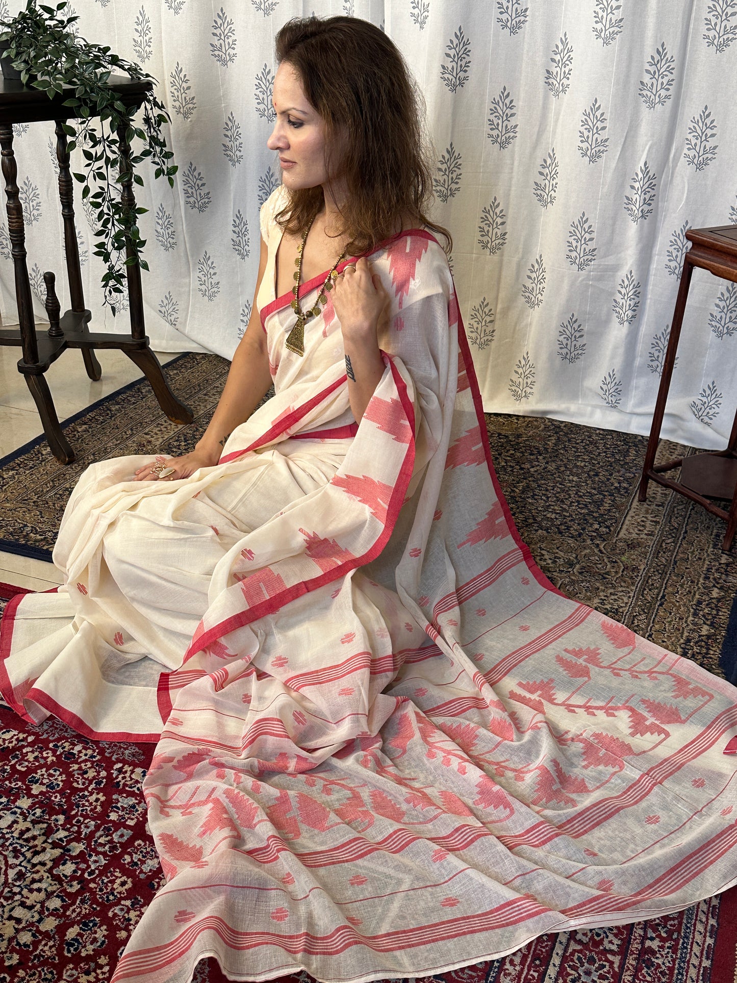 Cream Jamdani Sari with Red Intricate Needle Work & Border