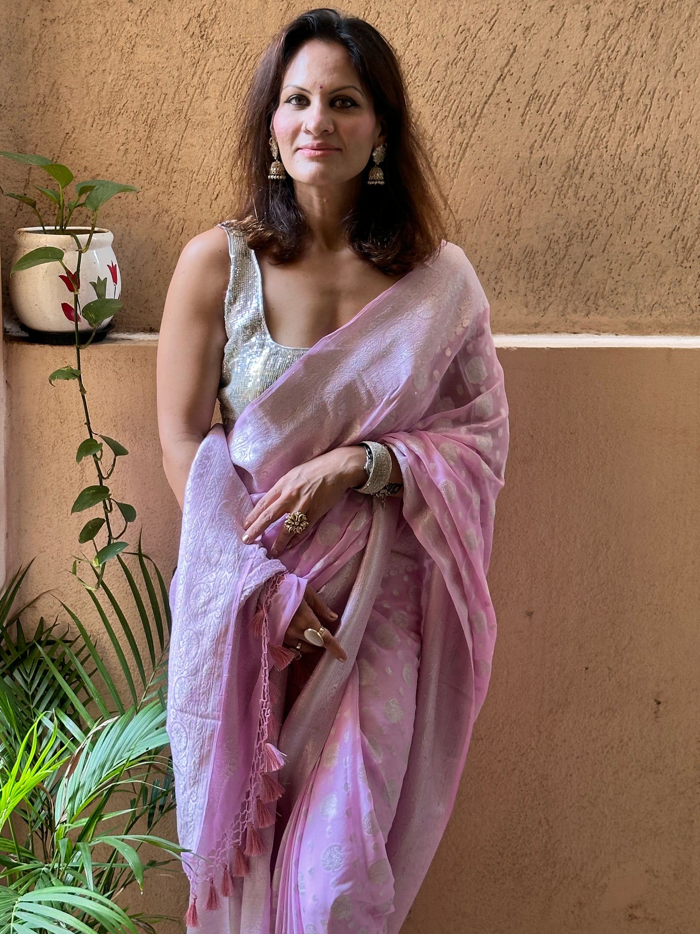 Pink Pure Banarasi Khaddi Georgette Sari with Silver Zari