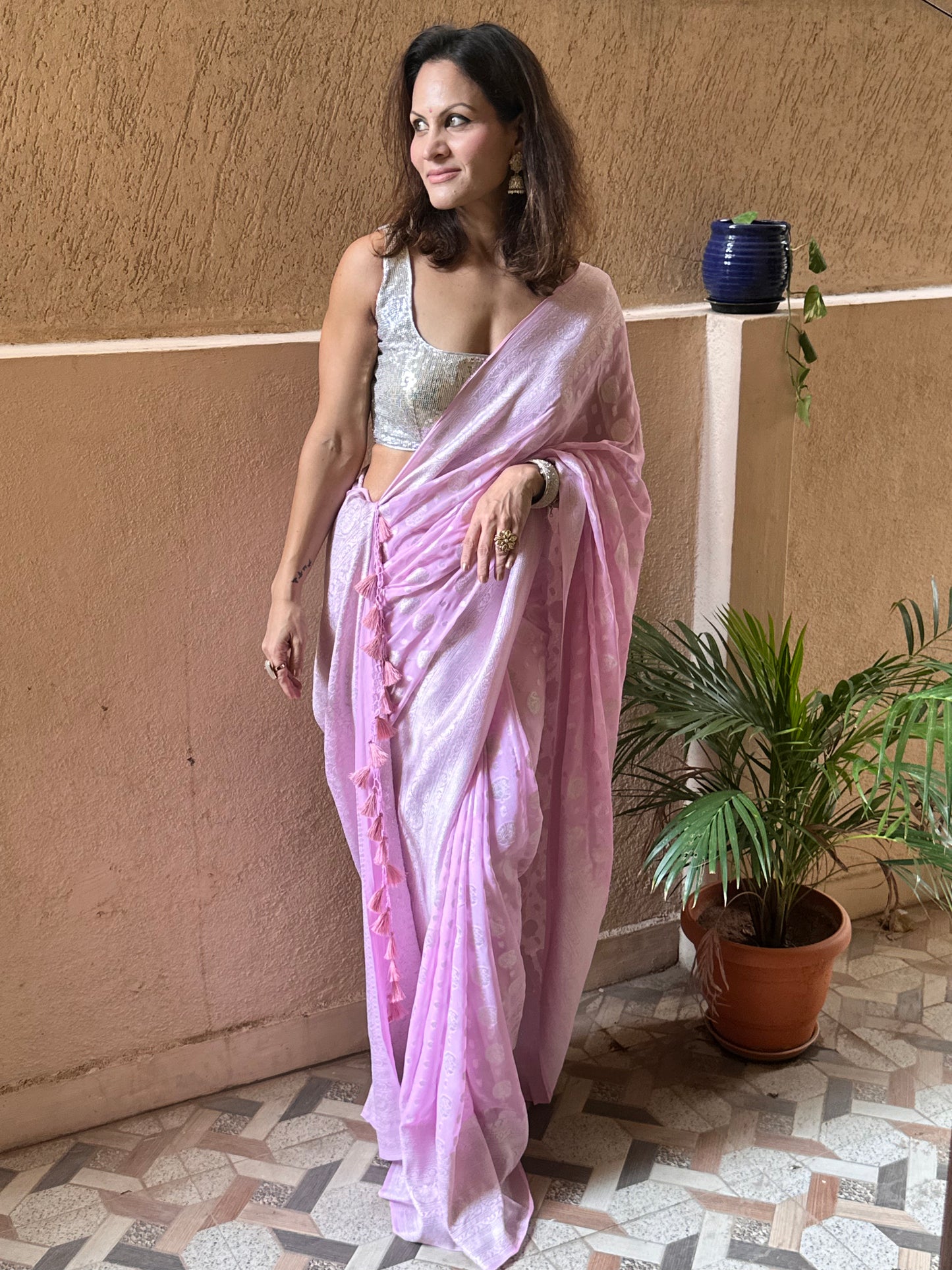 Pink Pure Banarasi Khaddi Georgette Sari with Silver Zari