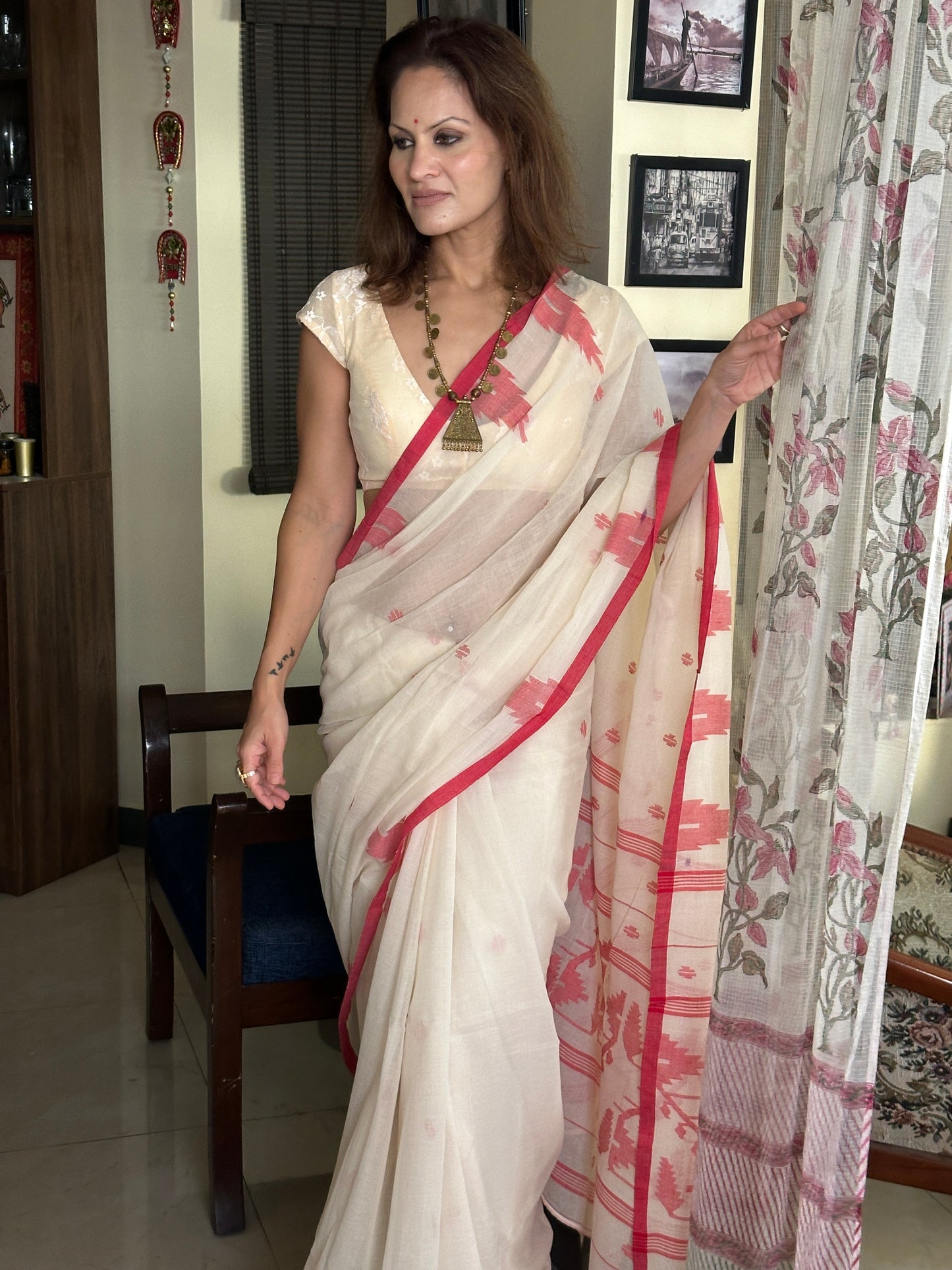 Cream Jamdani Sari with Red Intricate Needle Work & Border