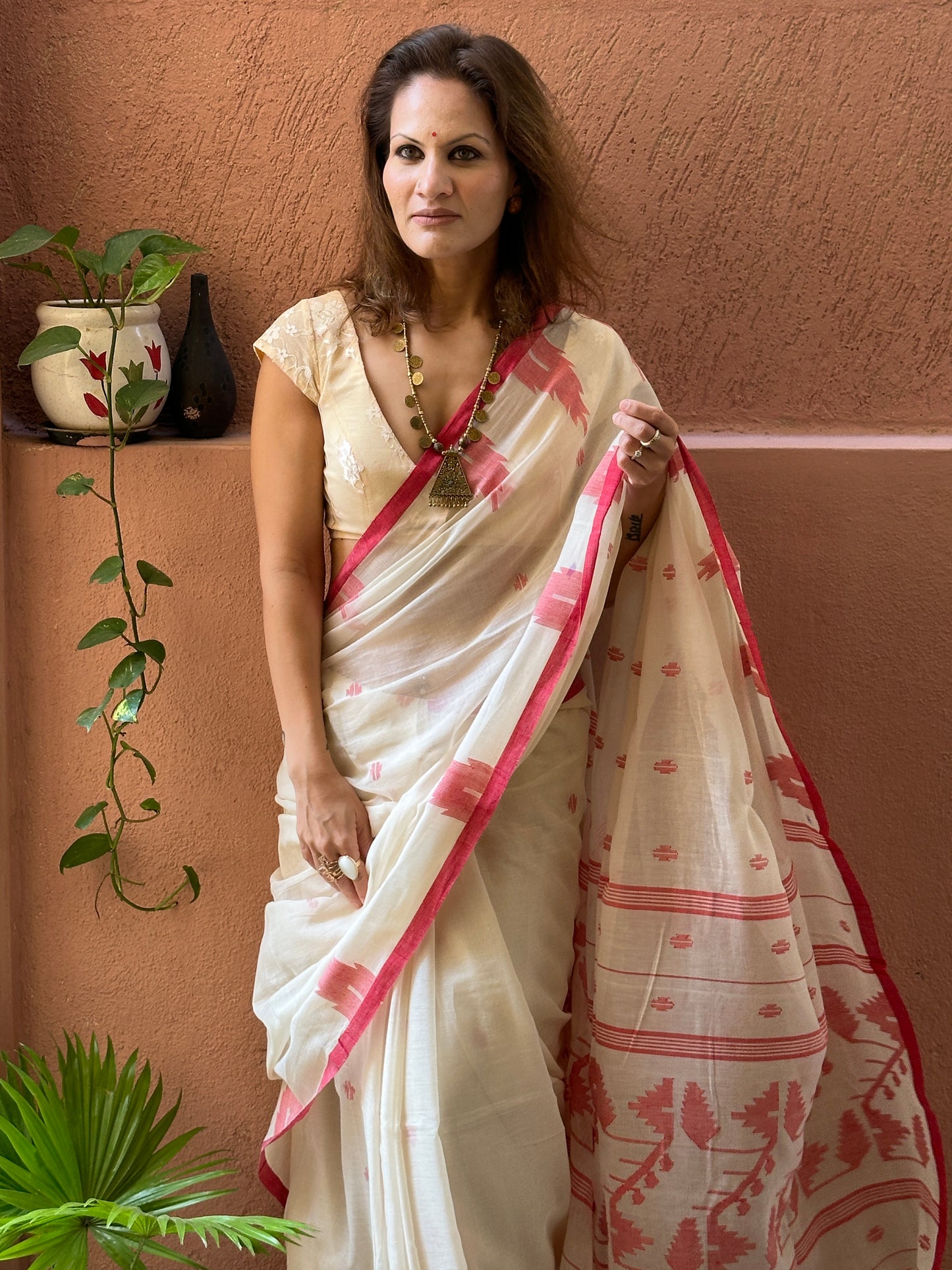 Cream Jamdani Sari with Red Intricate Needle Work & Border