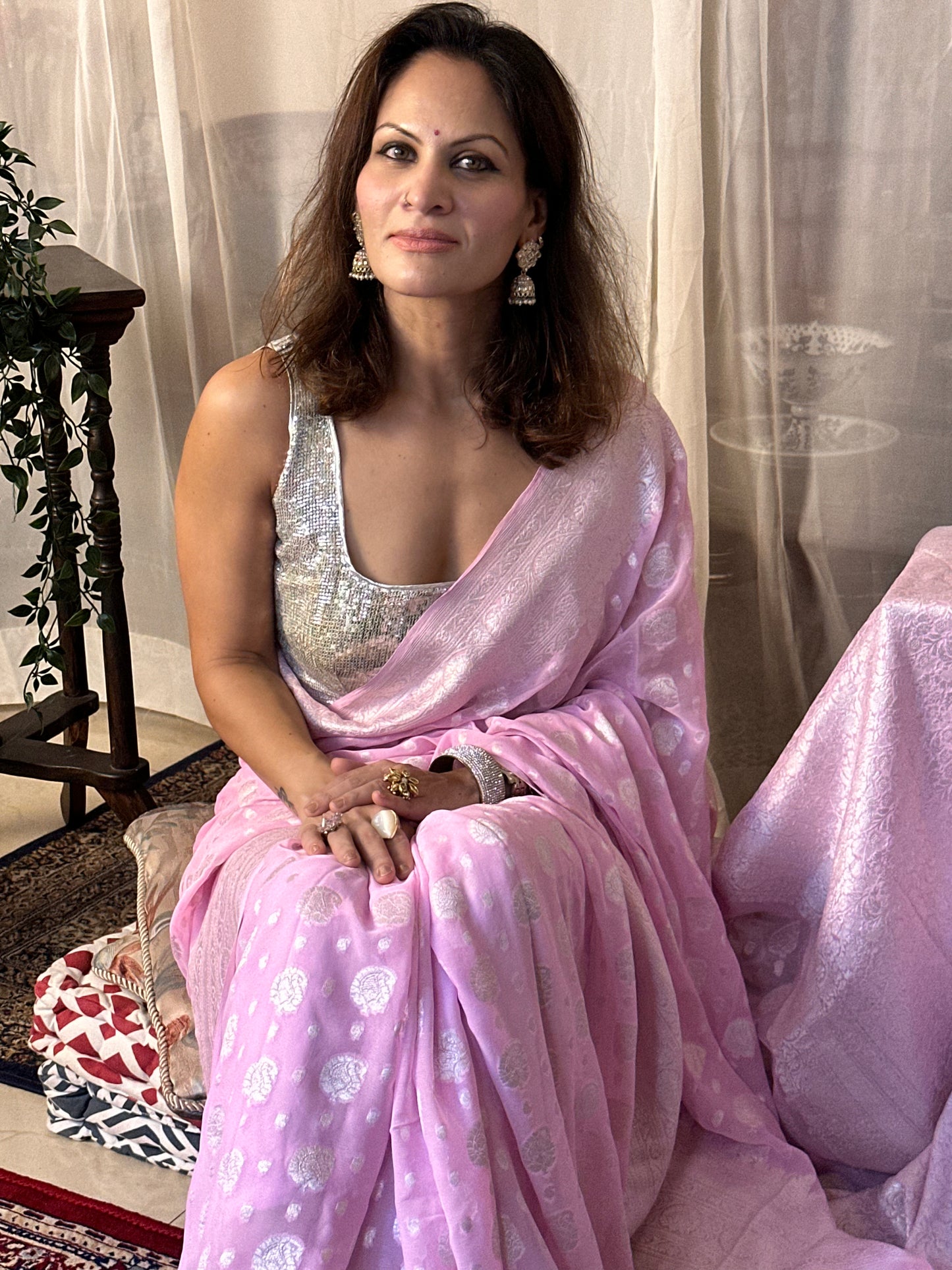 Pink Pure Banarasi Khaddi Georgette Sari with Silver Zari