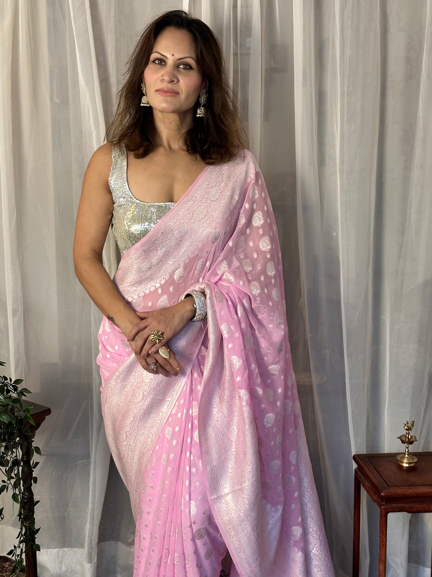 Pink Pure Banarasi Khaddi Georgette Sari with Silver Zari