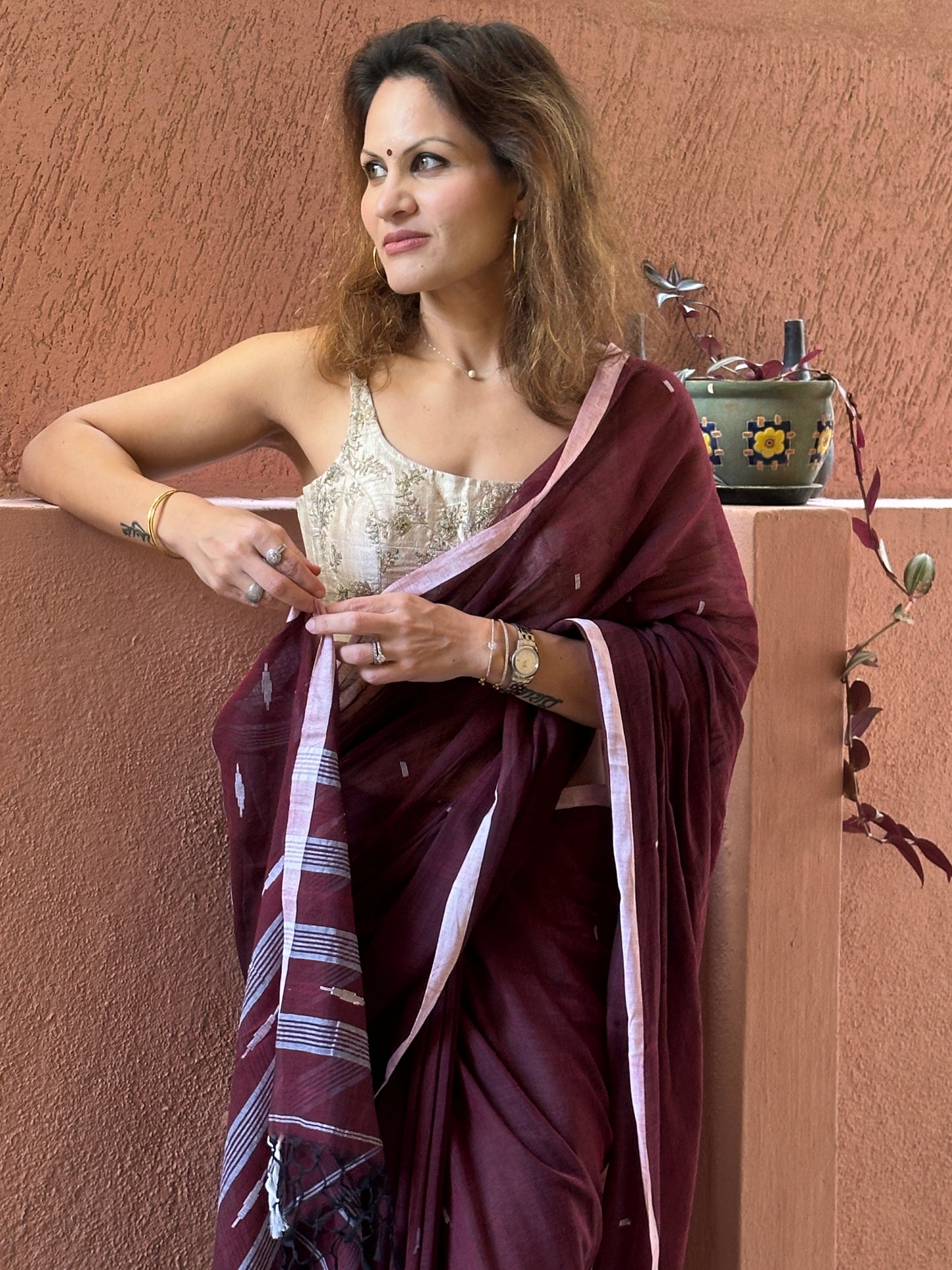 Maroon Pure Cotton Jamdani Sari with White Border