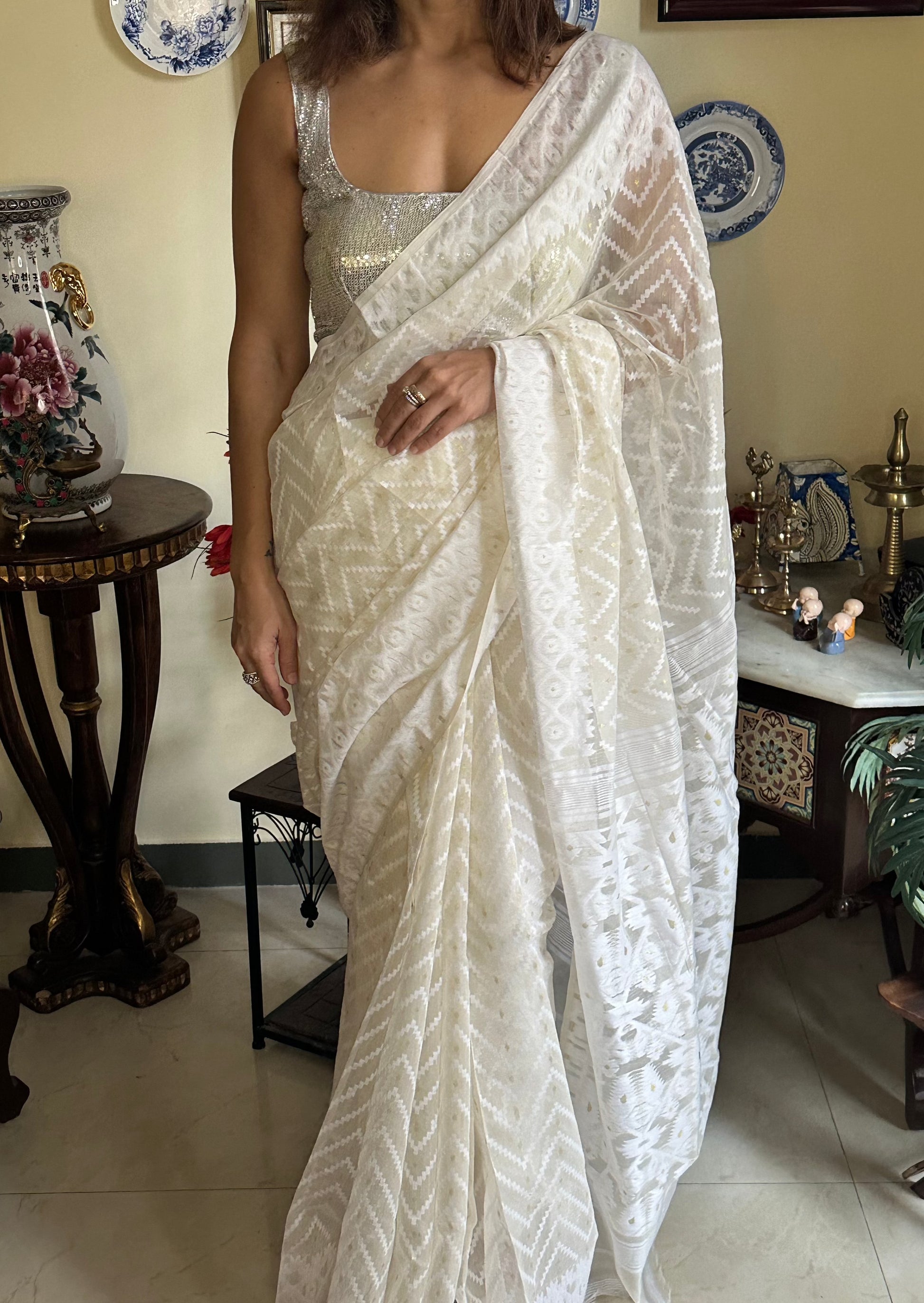 White Cotton Silk Jamdani Sari - Raahini