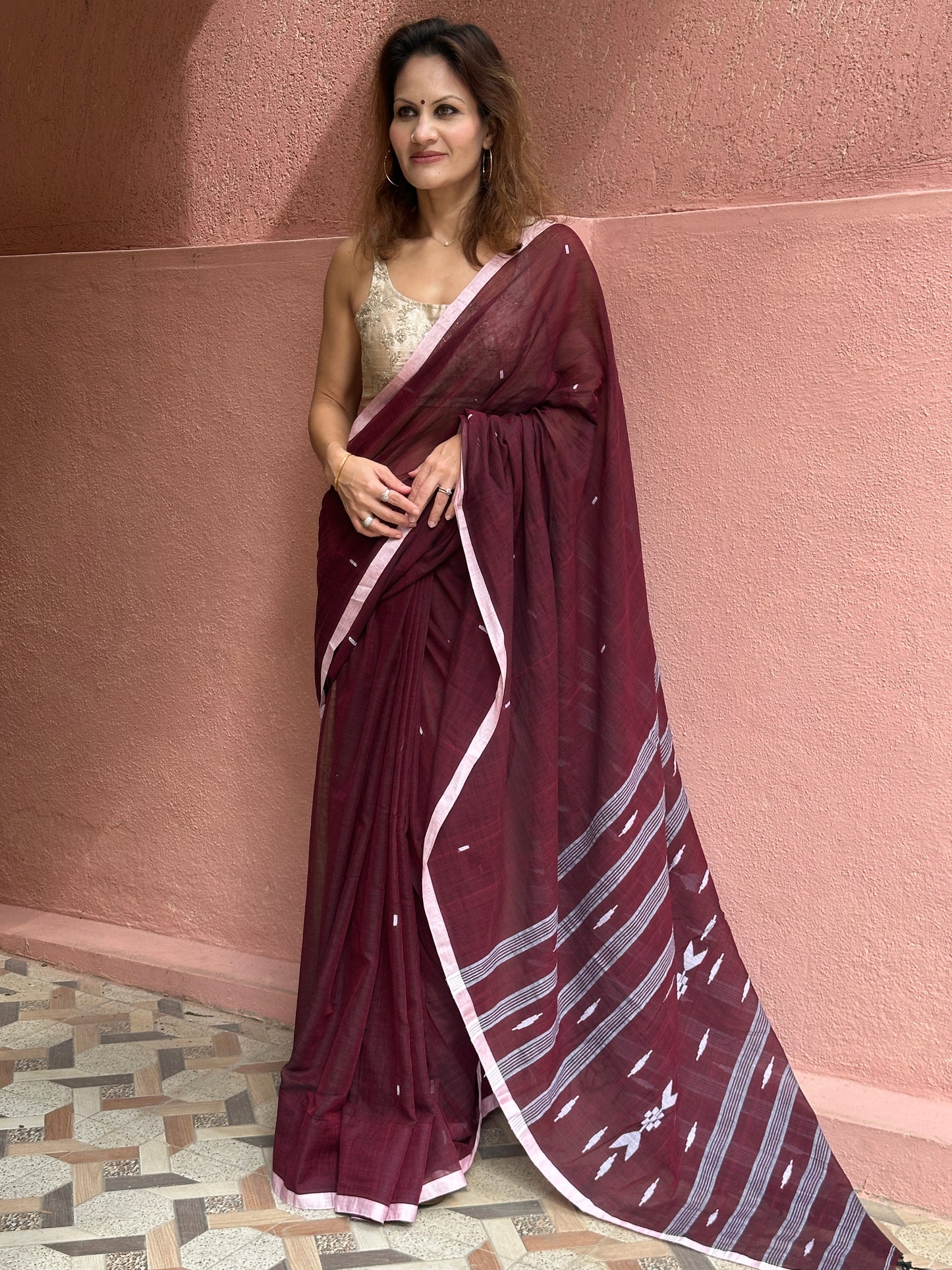 Maroon Pure Cotton Jamdani Sari with White Border