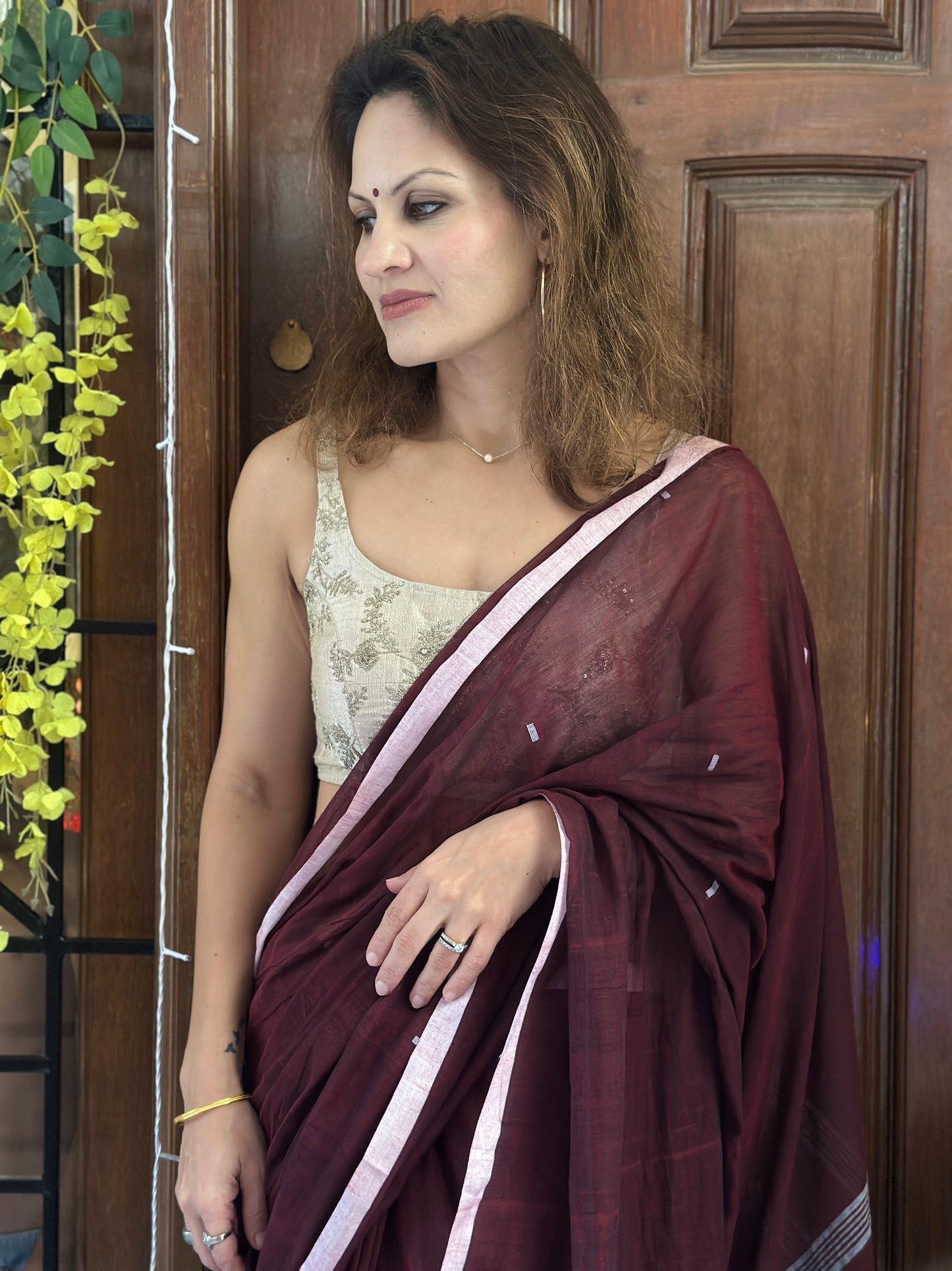 Maroon Pure Cotton Jamdani Sari with White Border