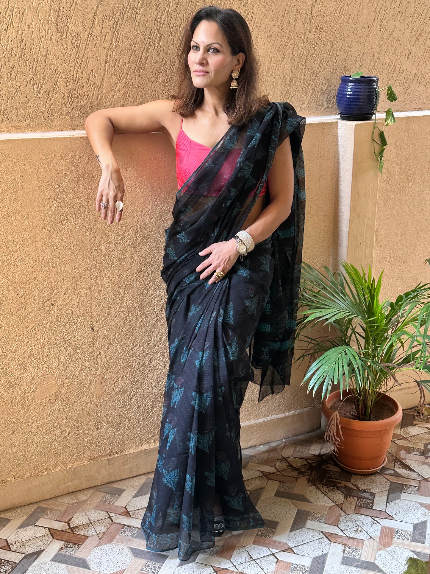 Black & Blue Natural Vanaspati Block Print Kota Cotton Sari