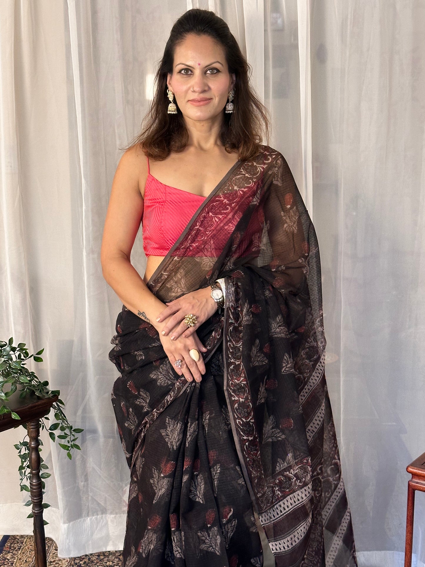 Black & Pink Natural Vanaspati Block Print Kota Cotton Sari