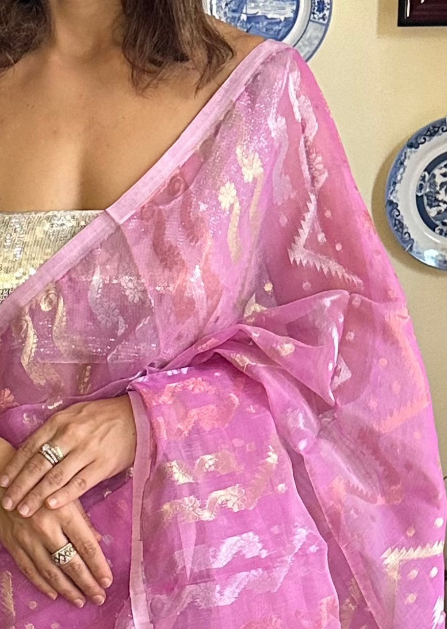 Pink Cotton Silk Jamdani Sari - Raahini