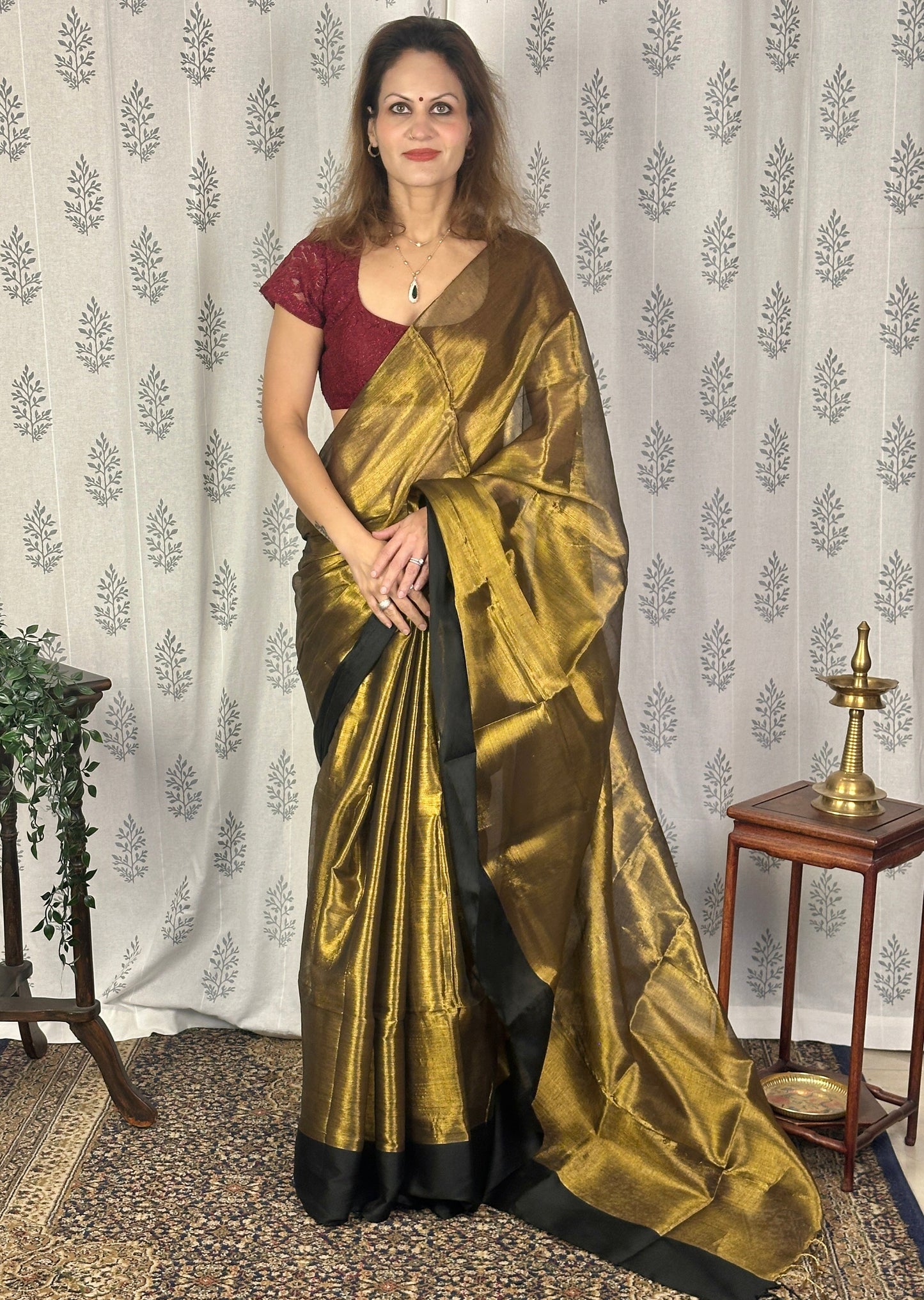 Antique Gold Pure Mul Mul Handwoven Tissue Cotton Saree with Thick Black Border