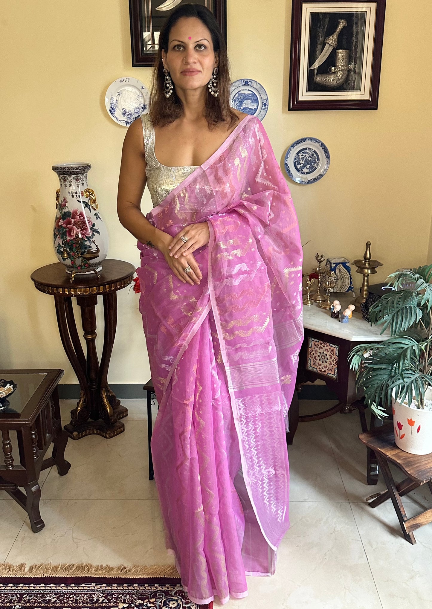 Pink Cotton Silk Jamdani Sari - Raahini