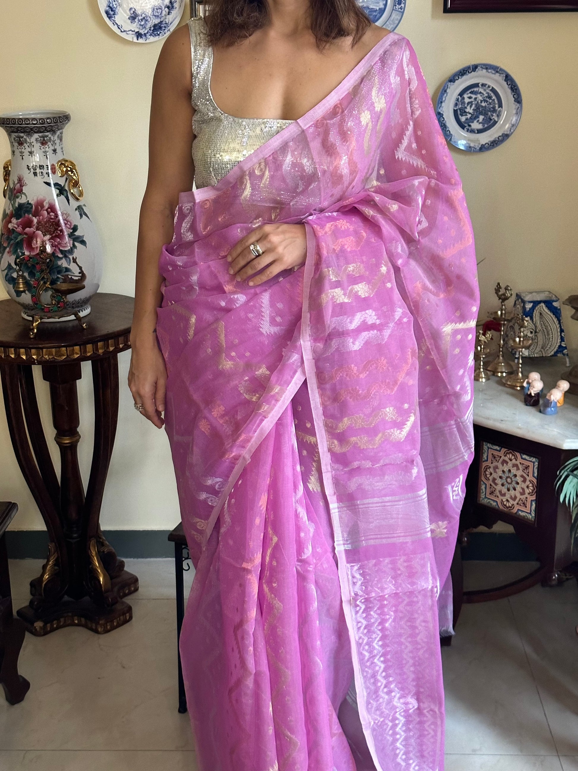 Pink Cotton Silk Jamdani Sari - Raahini