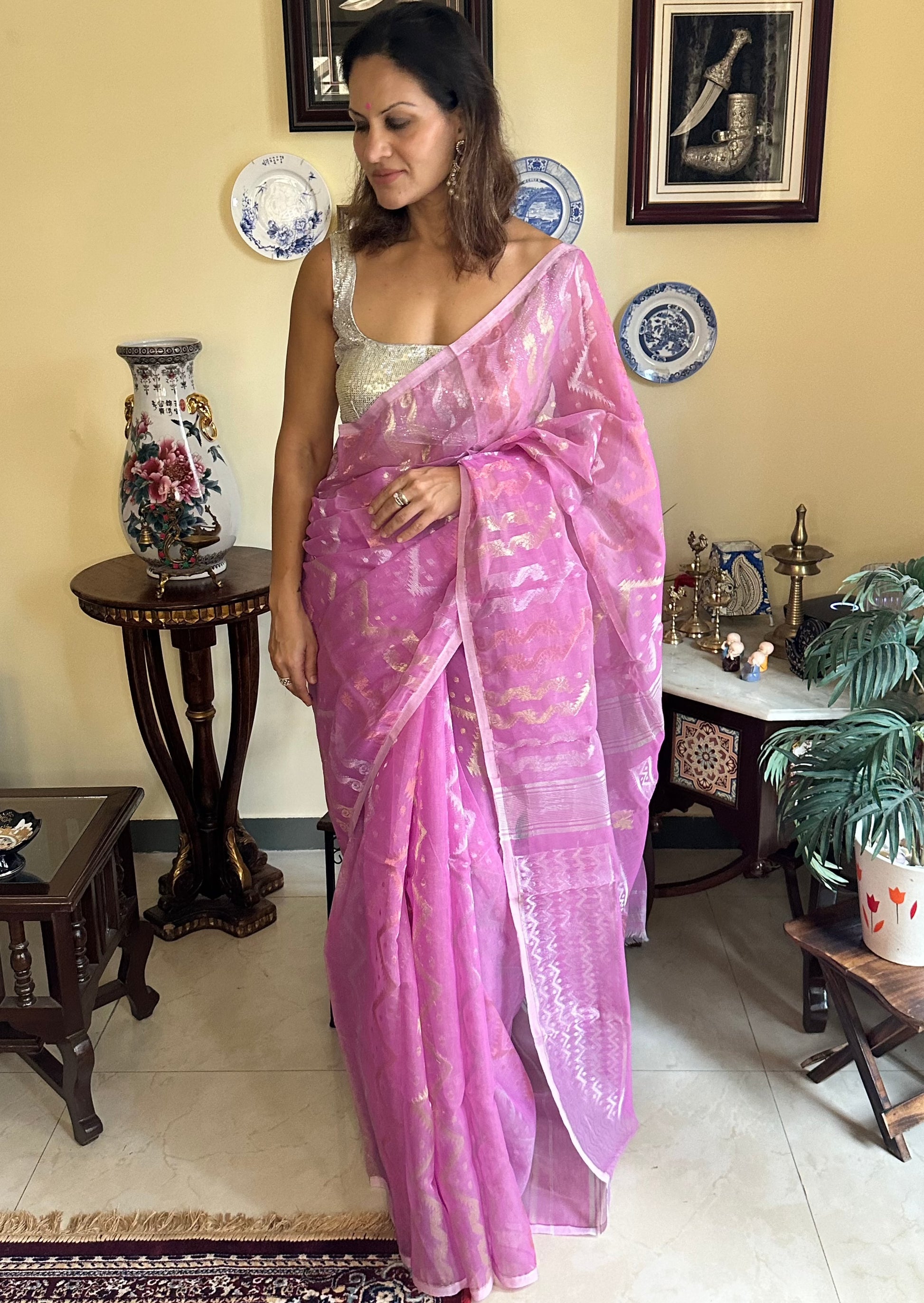 Pink Cotton Silk Jamdani Sari - Raahini