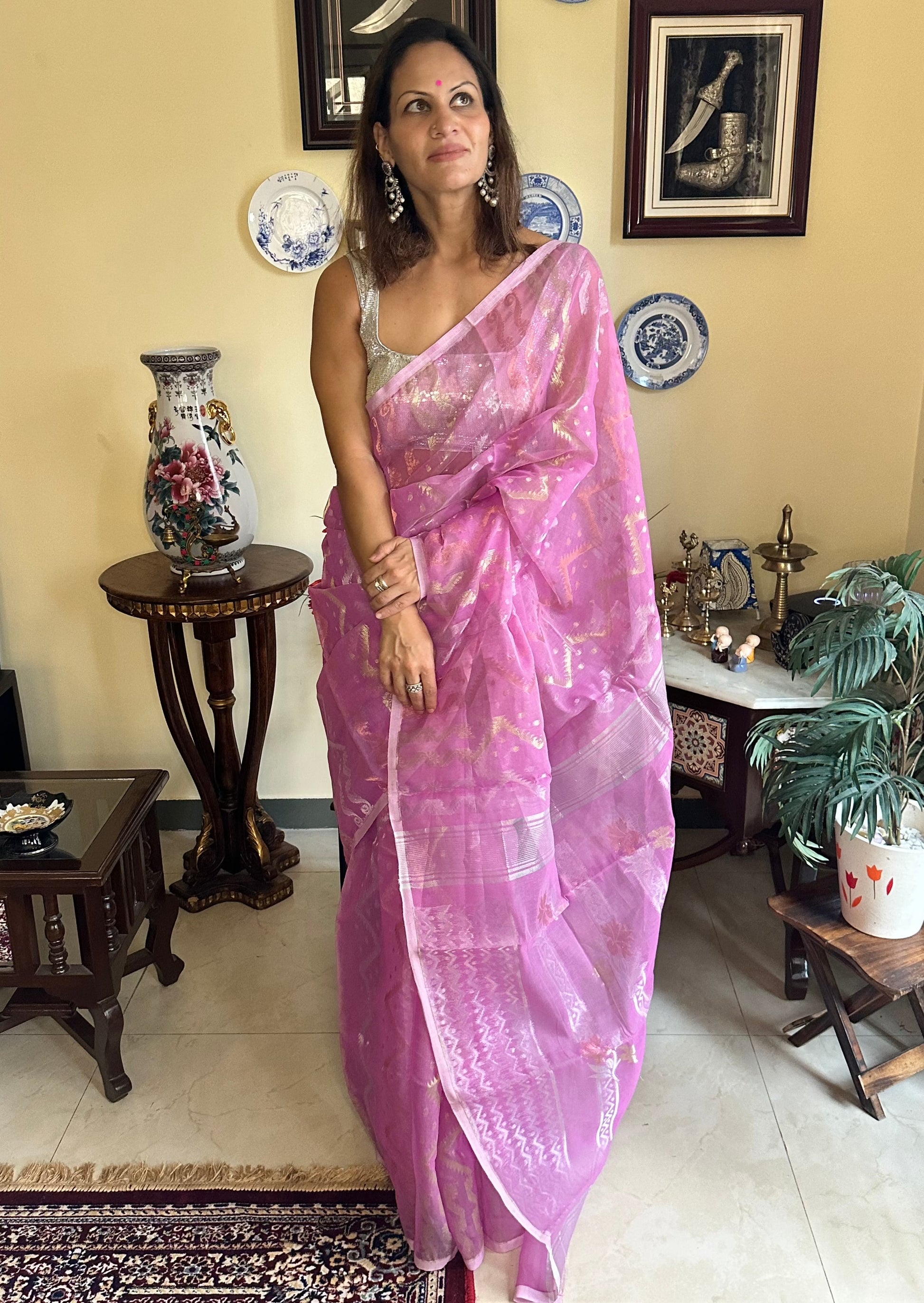 Pink Cotton Silk Jamdani Sari - Raahini