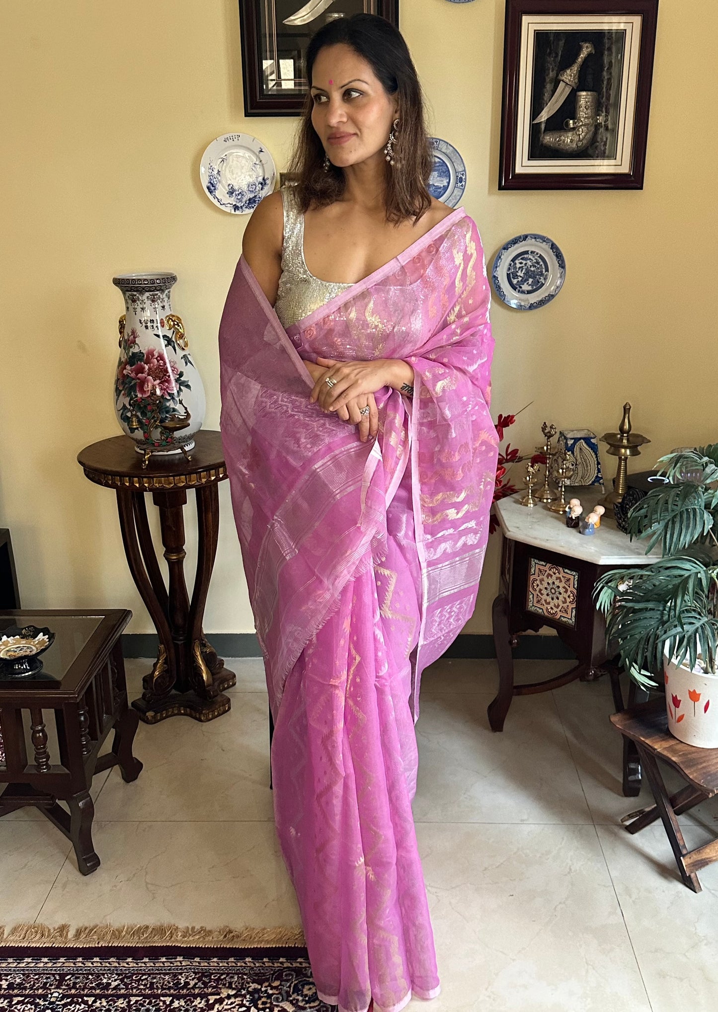 Pink Cotton Silk Jamdani Sari - Raahini