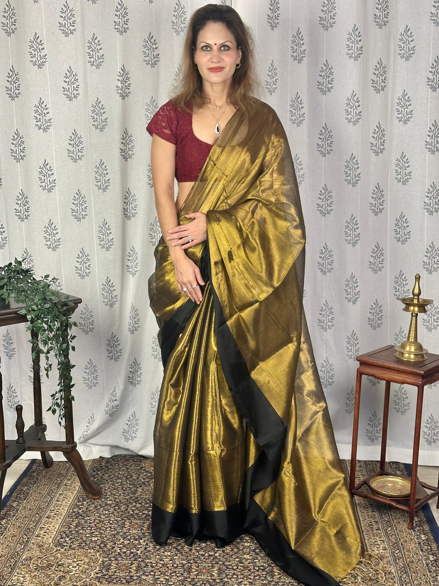 Antique Gold Pure Mul Mul Handwoven Tissue Cotton Saree with Thick Black Border