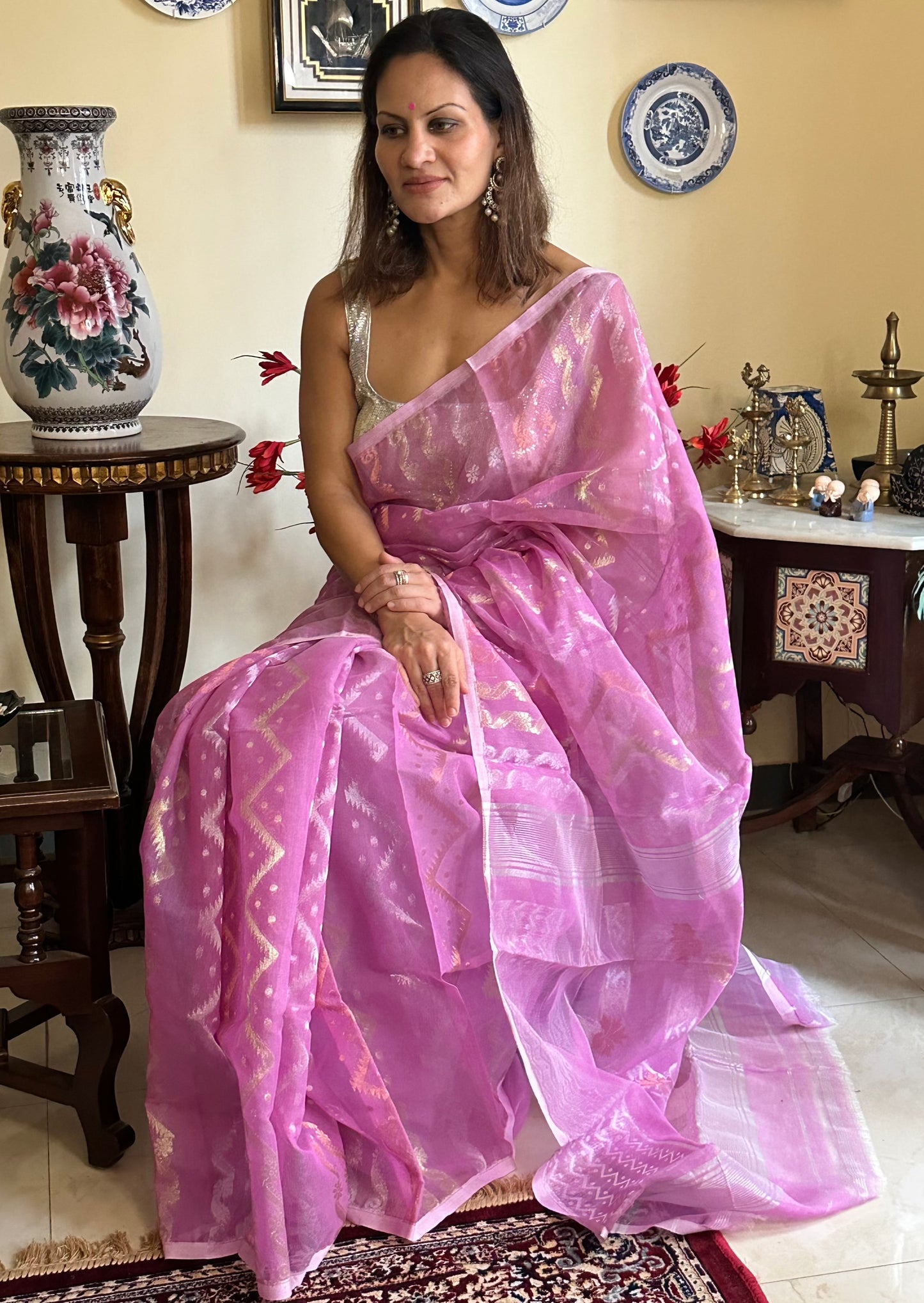 Pink Cotton Silk Jamdani Sari - Raahini