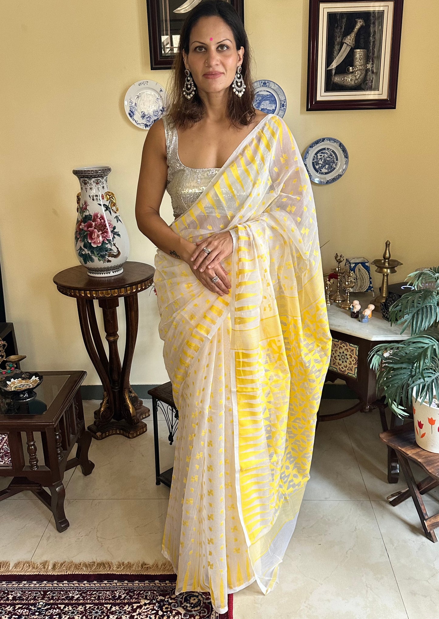 Yellow Cotton Silk Jamdani Sari - Raahini