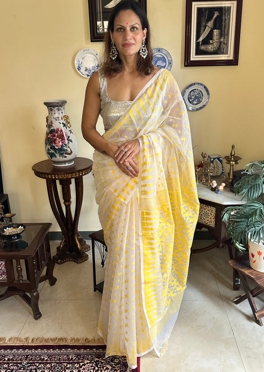 Yellow Cotton Silk Jamdani Sari - Raahini