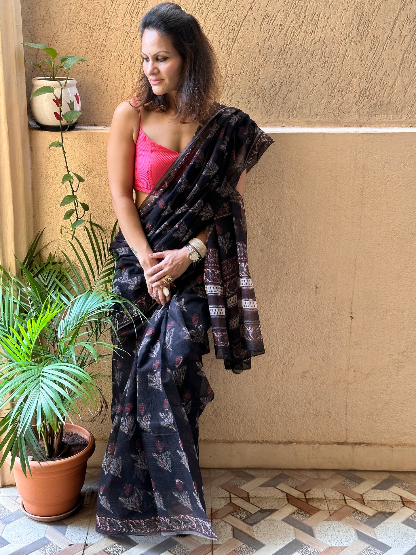 Black & Pink Natural Vanaspati Block Print Kota Cotton Sari