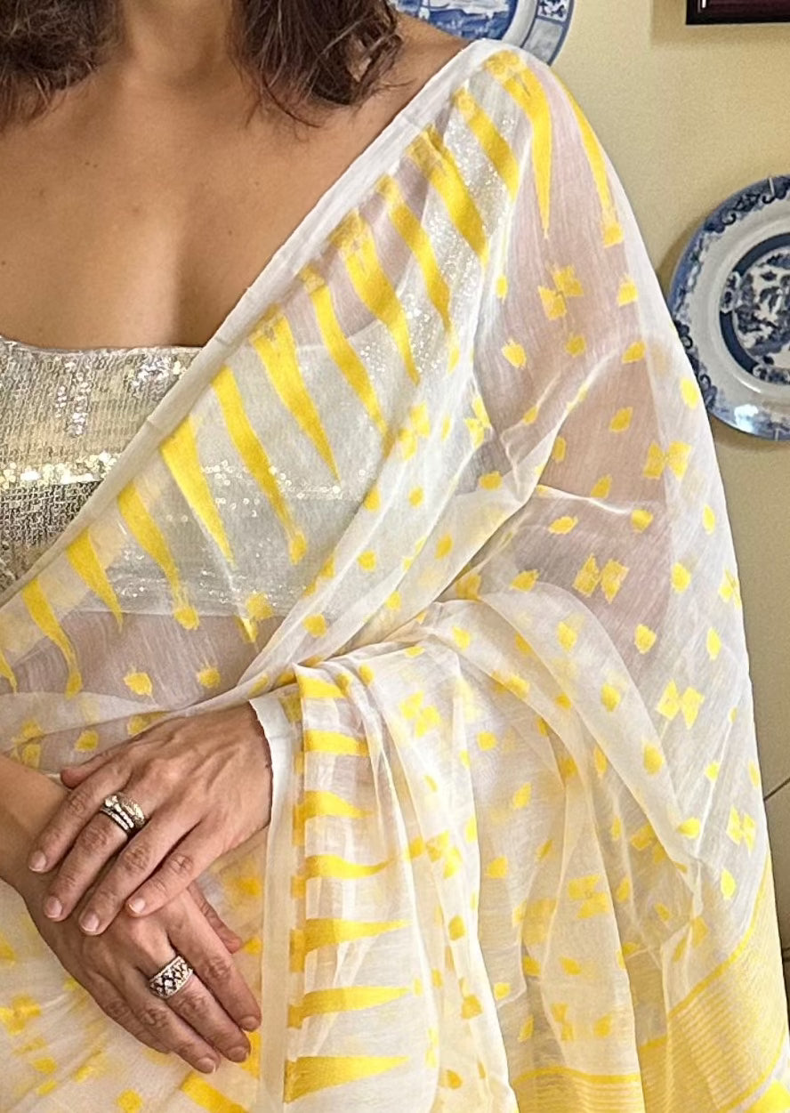 Yellow Cotton Silk Jamdani Sari - Raahini