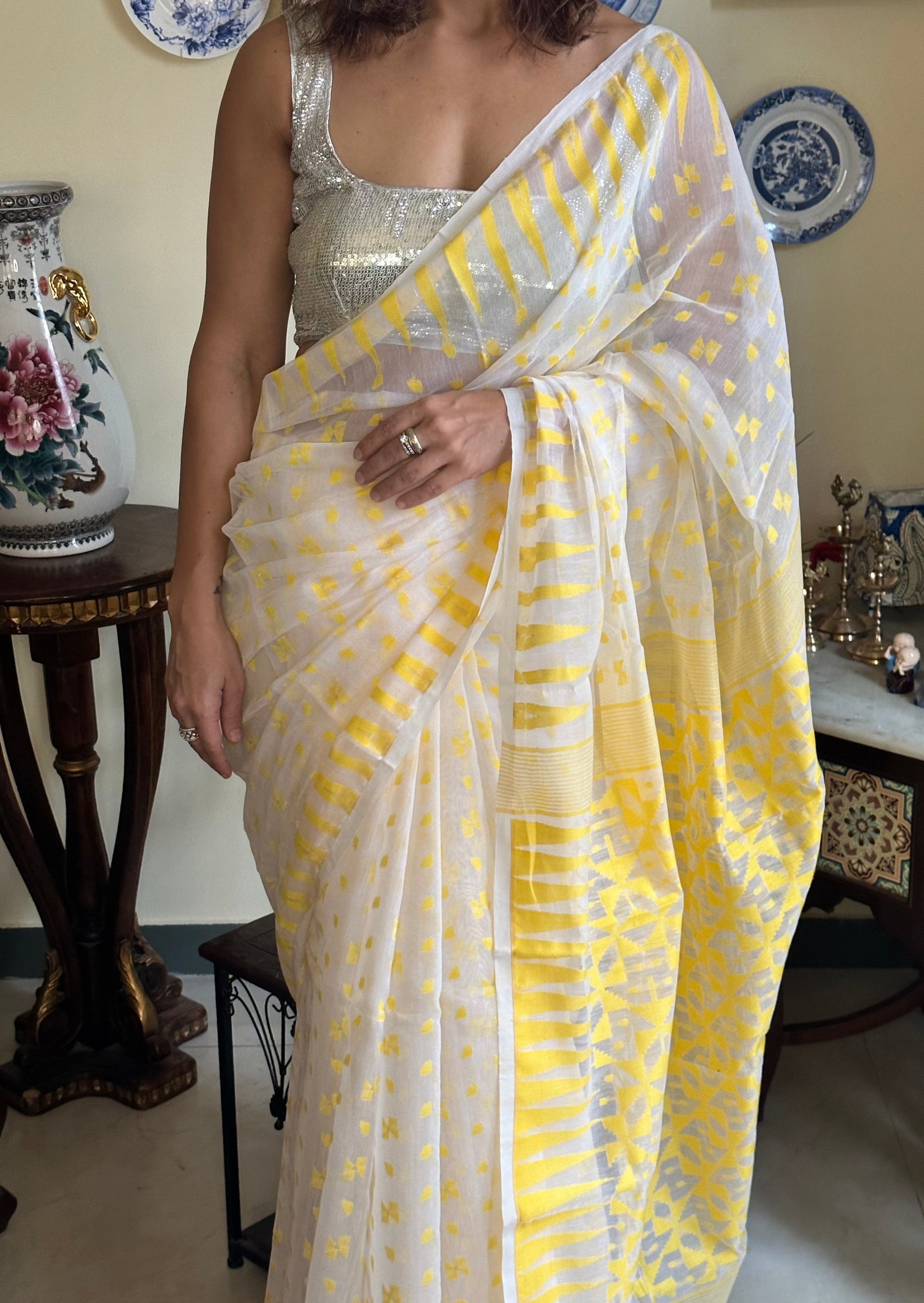 Yellow Cotton Silk Jamdani Sari - Raahini