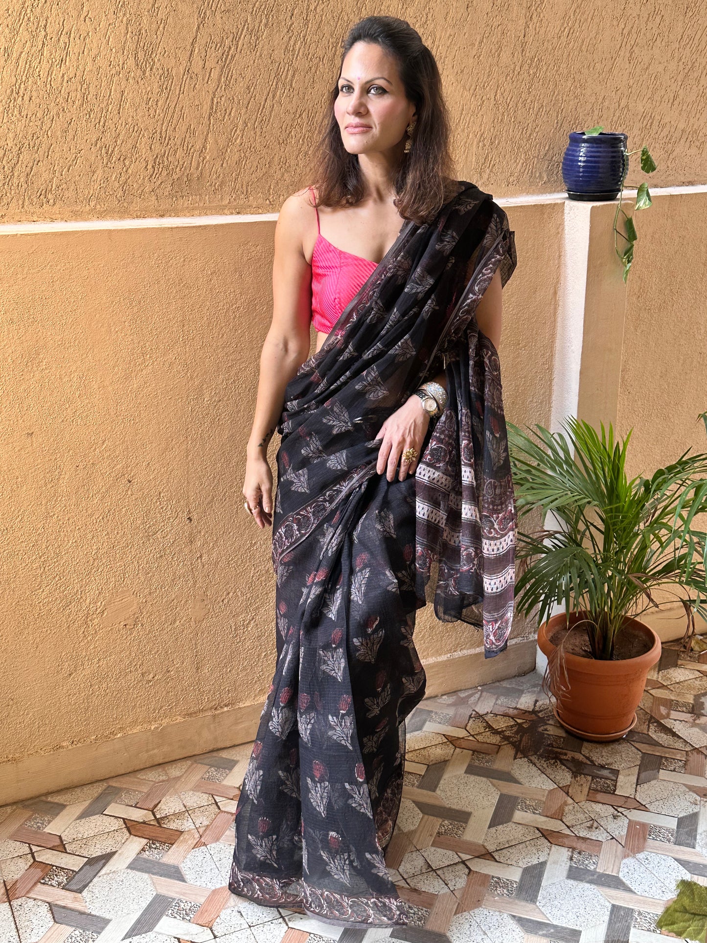 Black & Pink Natural Vanaspati Block Print Kota Cotton Sari