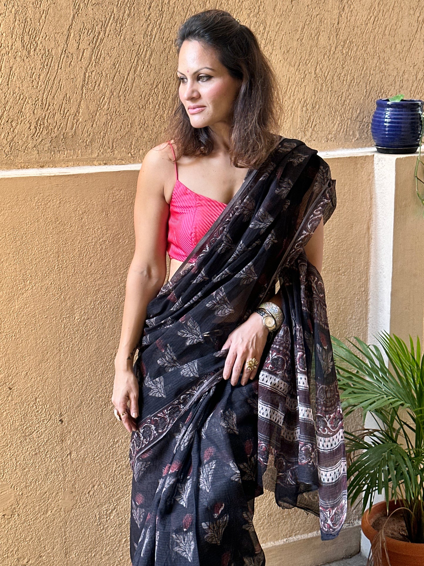 Black & Pink Natural Vanaspati Block Print Kota Cotton Sari