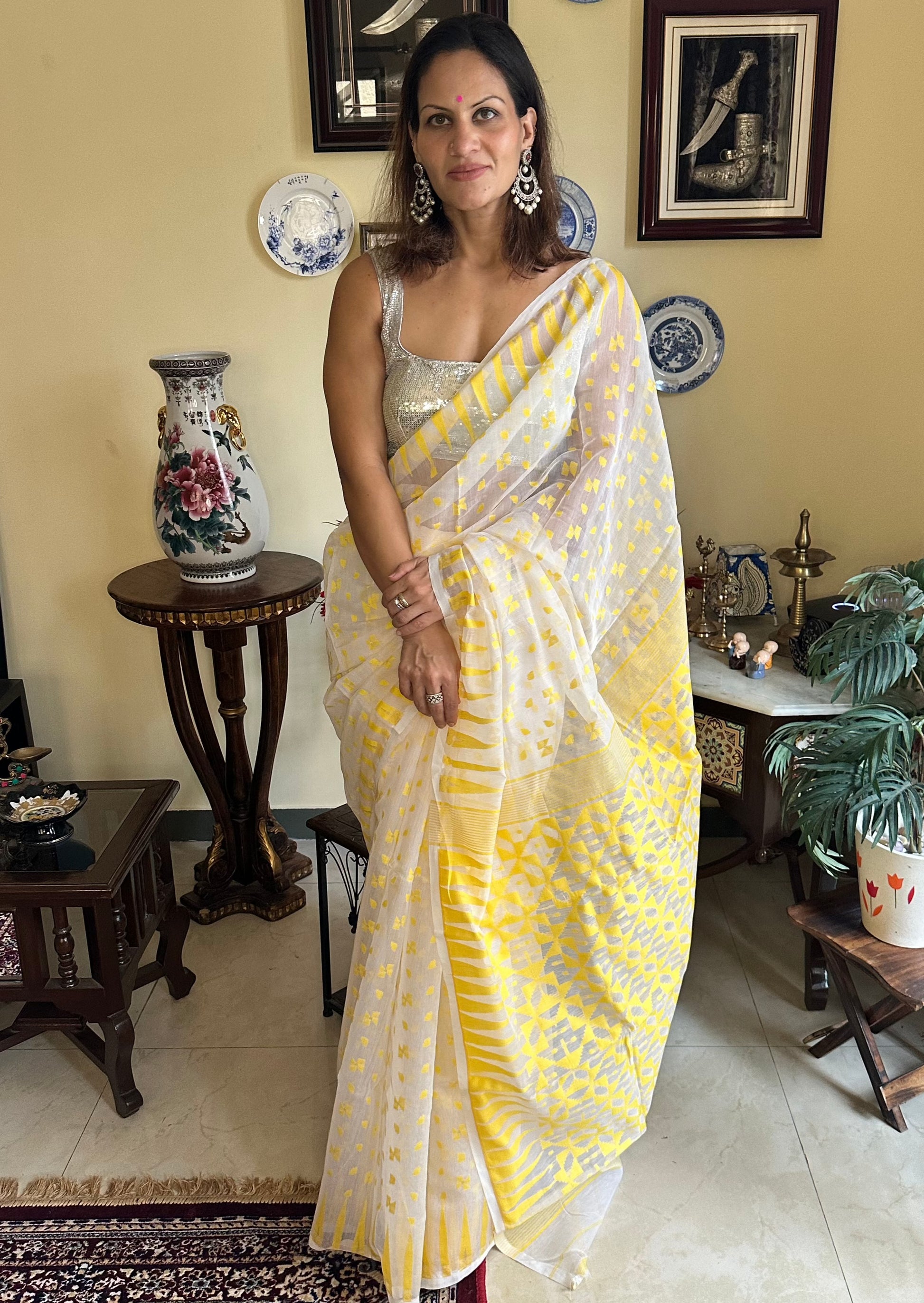 Yellow Cotton Silk Jamdani Sari - Raahini