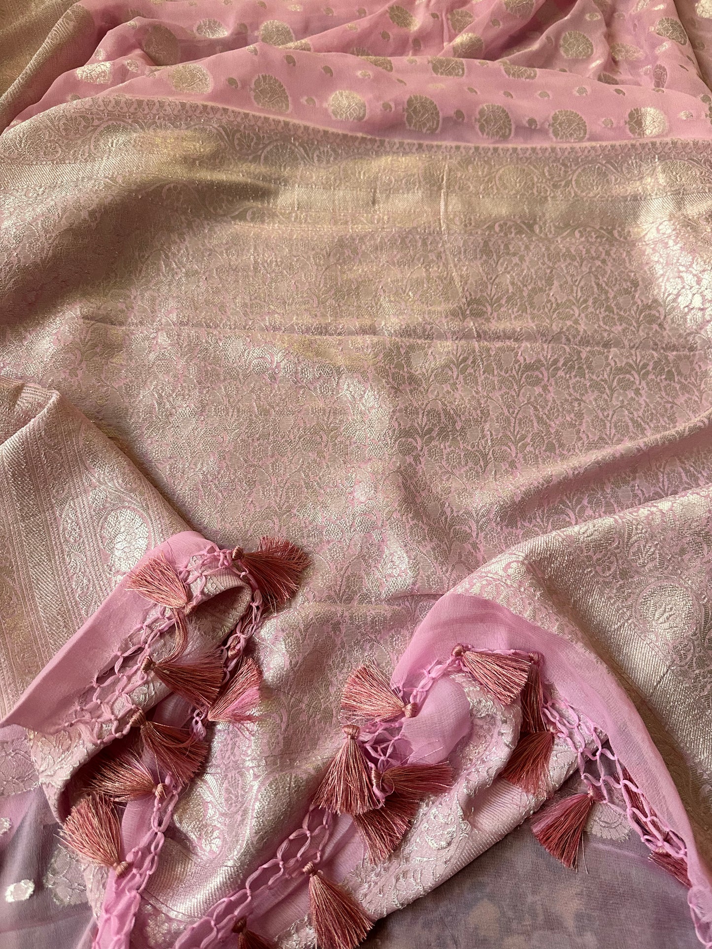 Pink Pure Banarasi Khaddi Georgette Sari with Silver Zari