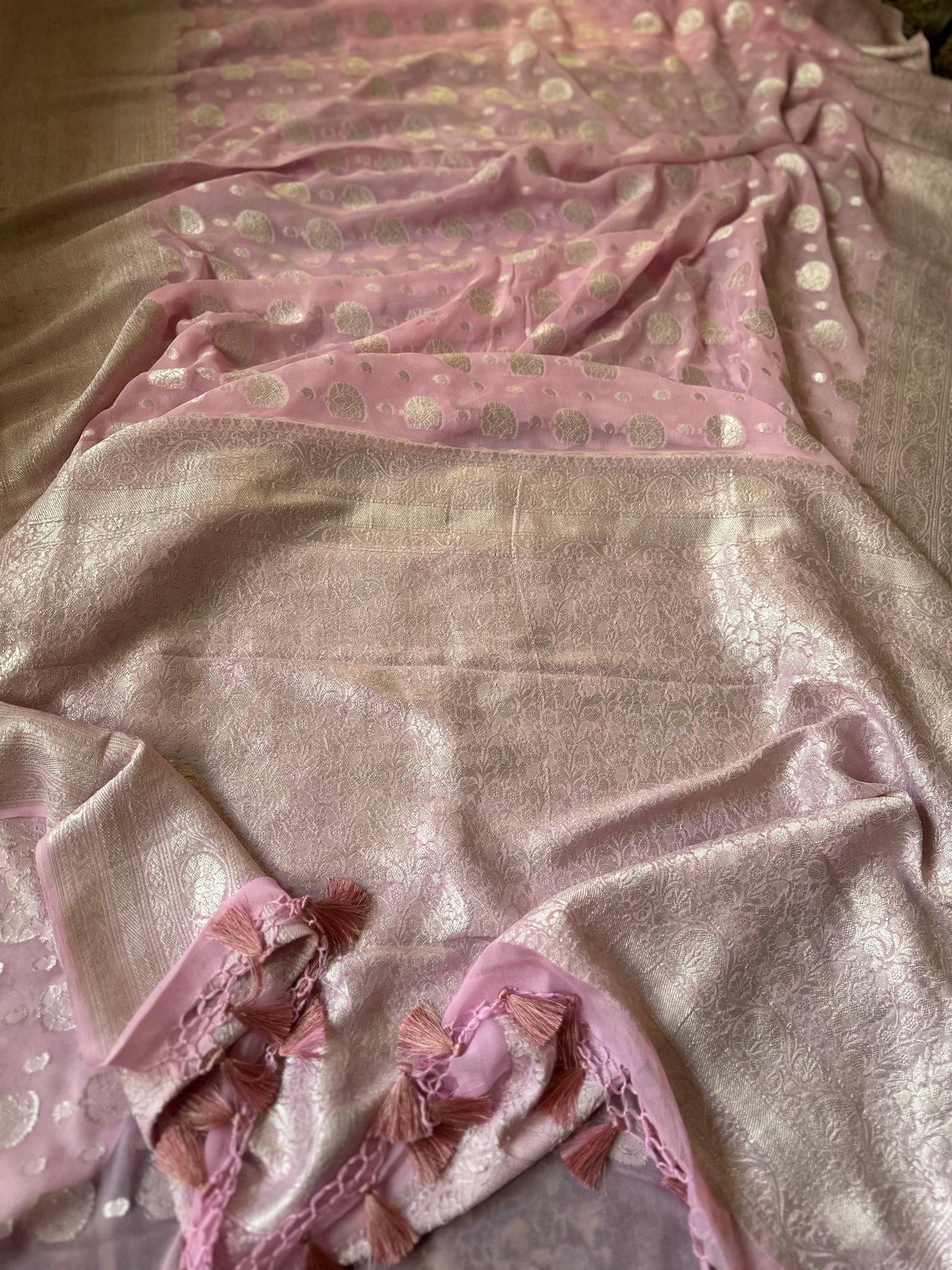 Pink Pure Banarasi Khaddi Georgette Sari with Silver Zari