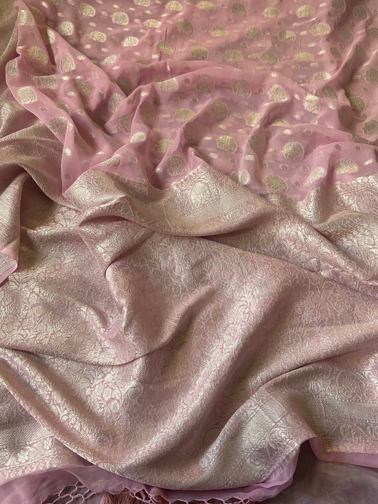 Pink Pure Banarasi Khaddi Georgette Sari with Silver Zari