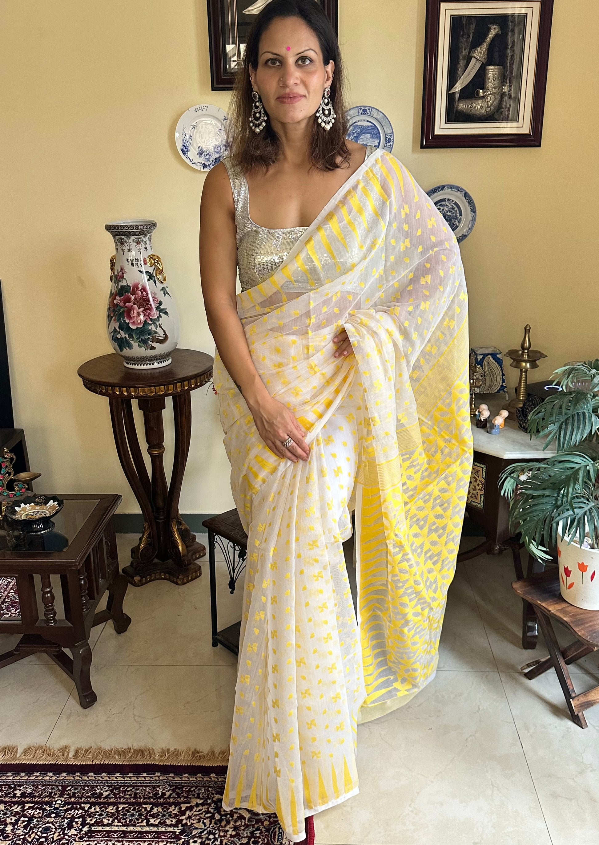 Yellow Cotton Silk Jamdani Sari - Raahini