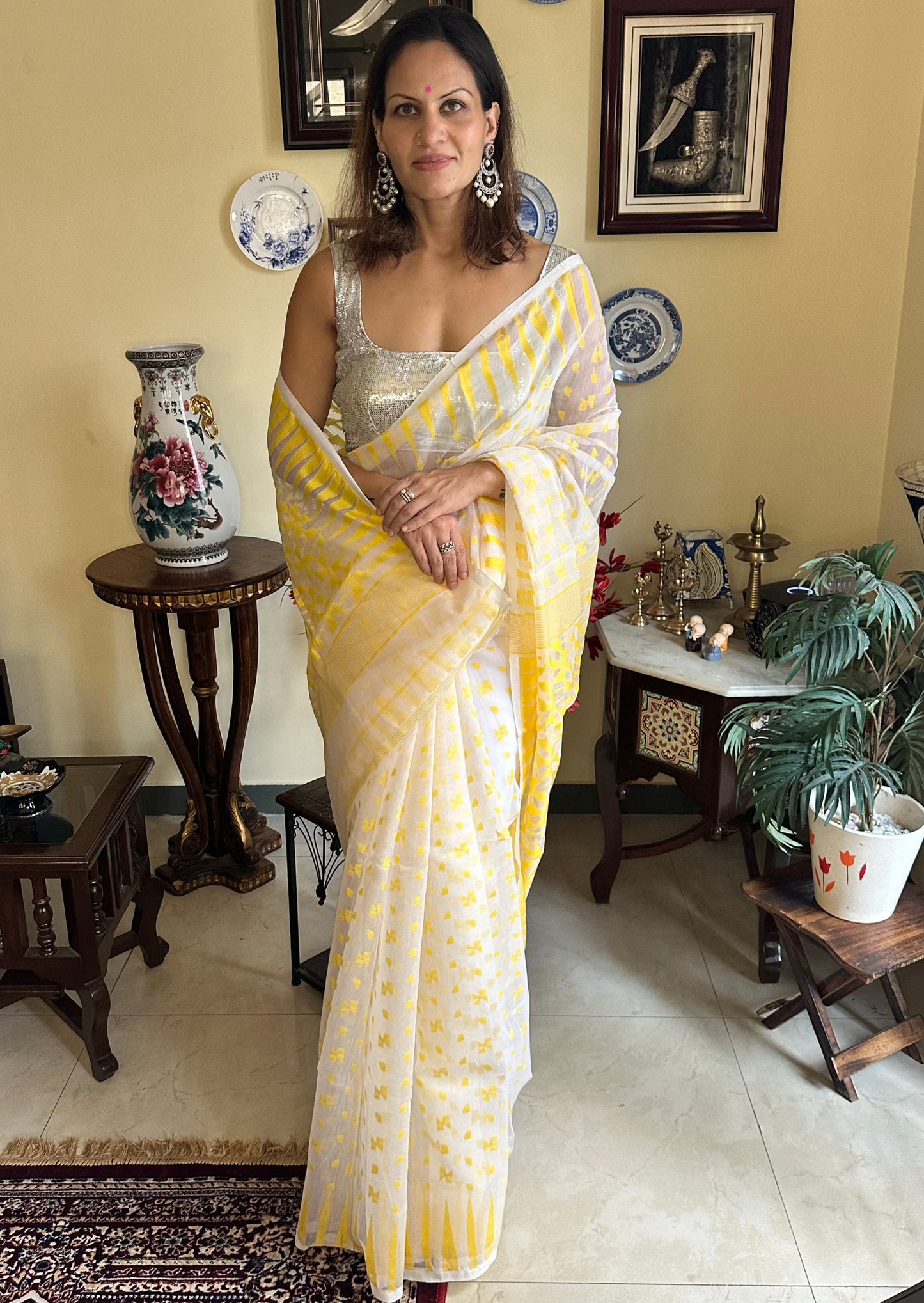 Yellow Cotton Silk Jamdani Sari - Raahini