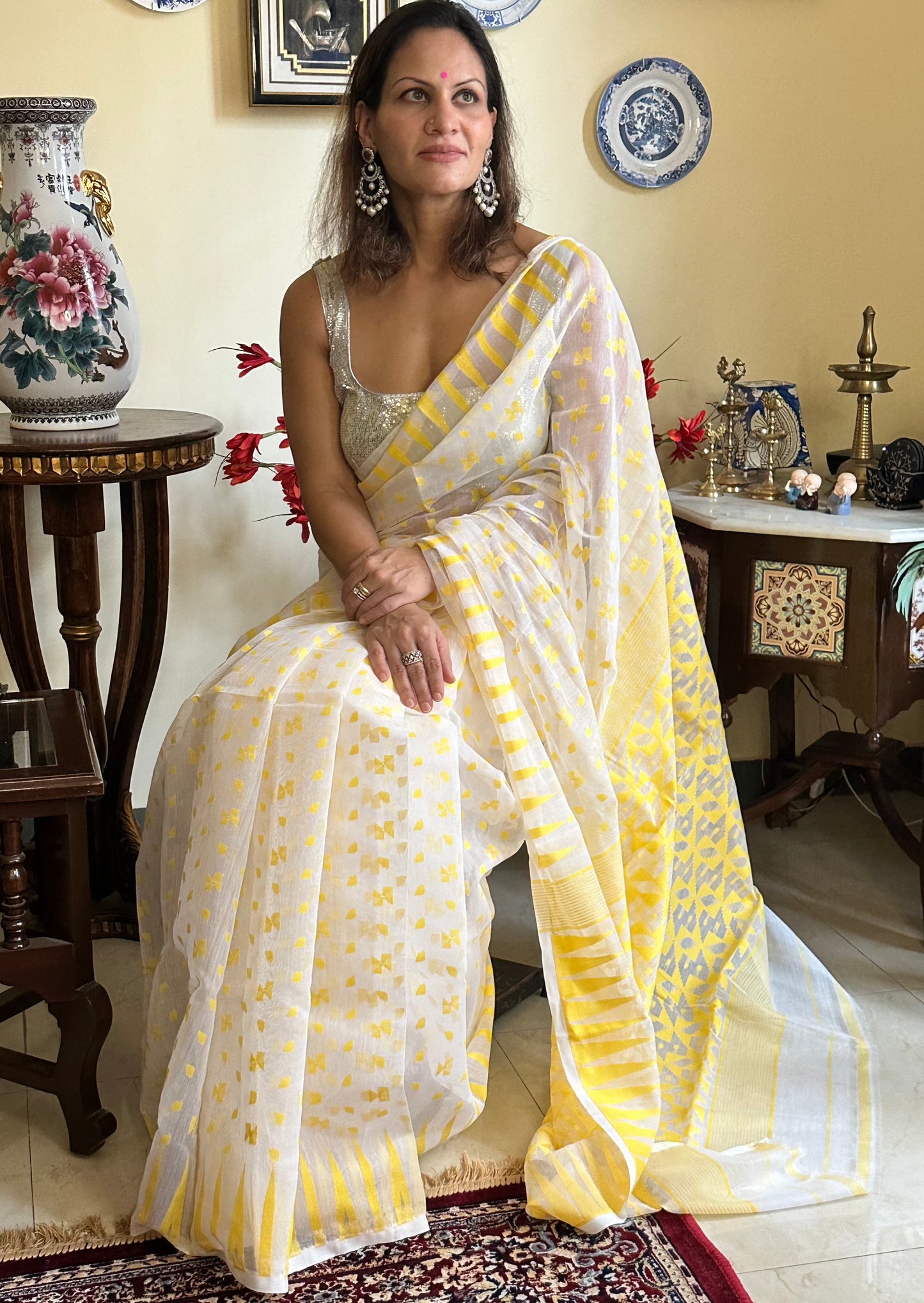 Yellow Cotton Silk Jamdani Sari - Raahini